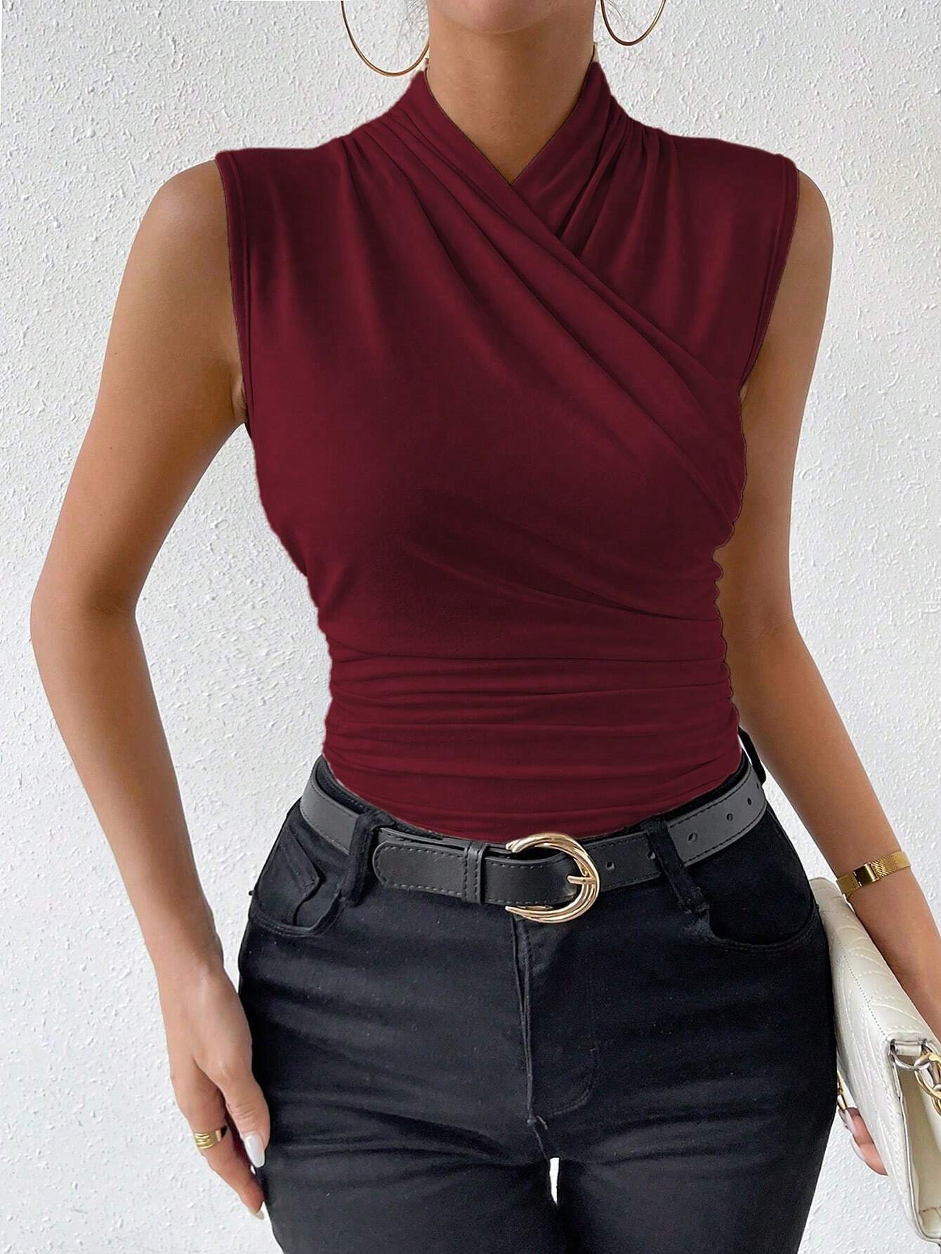 RosyDaze Débardeur plissé ajusté de couleur unie minimaliste pour femmes, convient pour les déplacements en été — vue 7