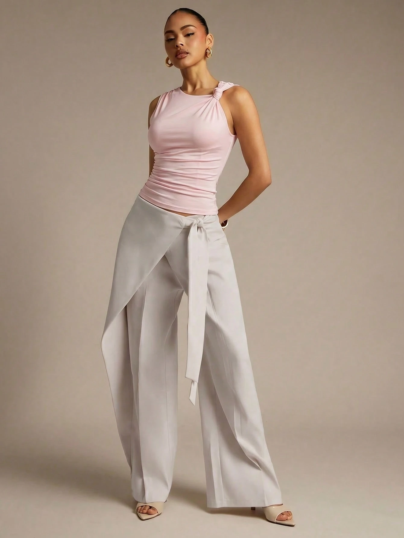 Hauture Top sans manches casual en couleur unie avec plissé torsadé, pour l'été — vue 2