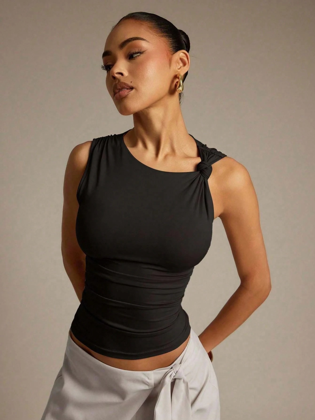 Hauture Top sans manches casual en couleur unie avec plissé torsadé, pour l'été — vue 7