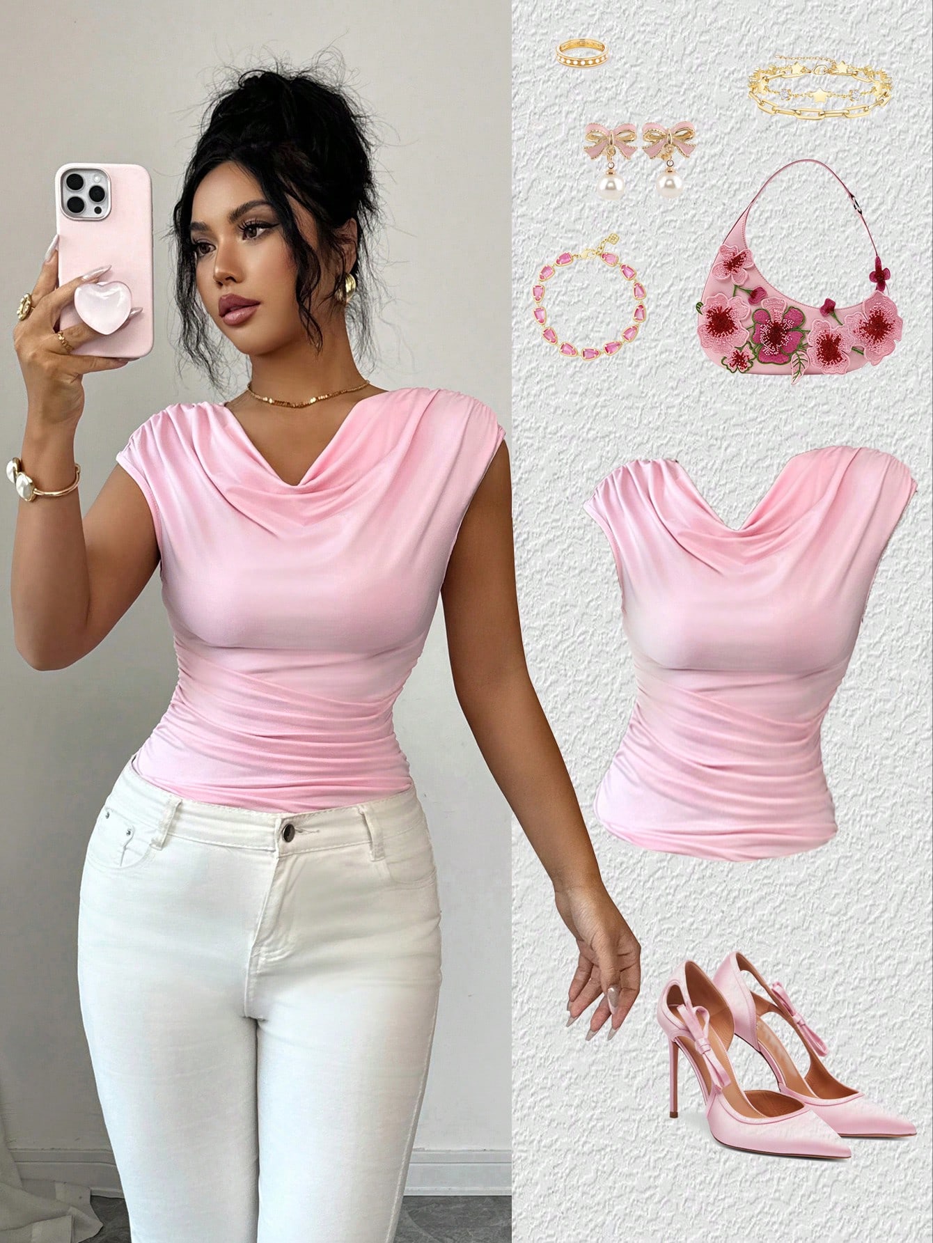 Elenzga Élégant T-shirt décontracté avec col drapé à volants et manches — vue 6