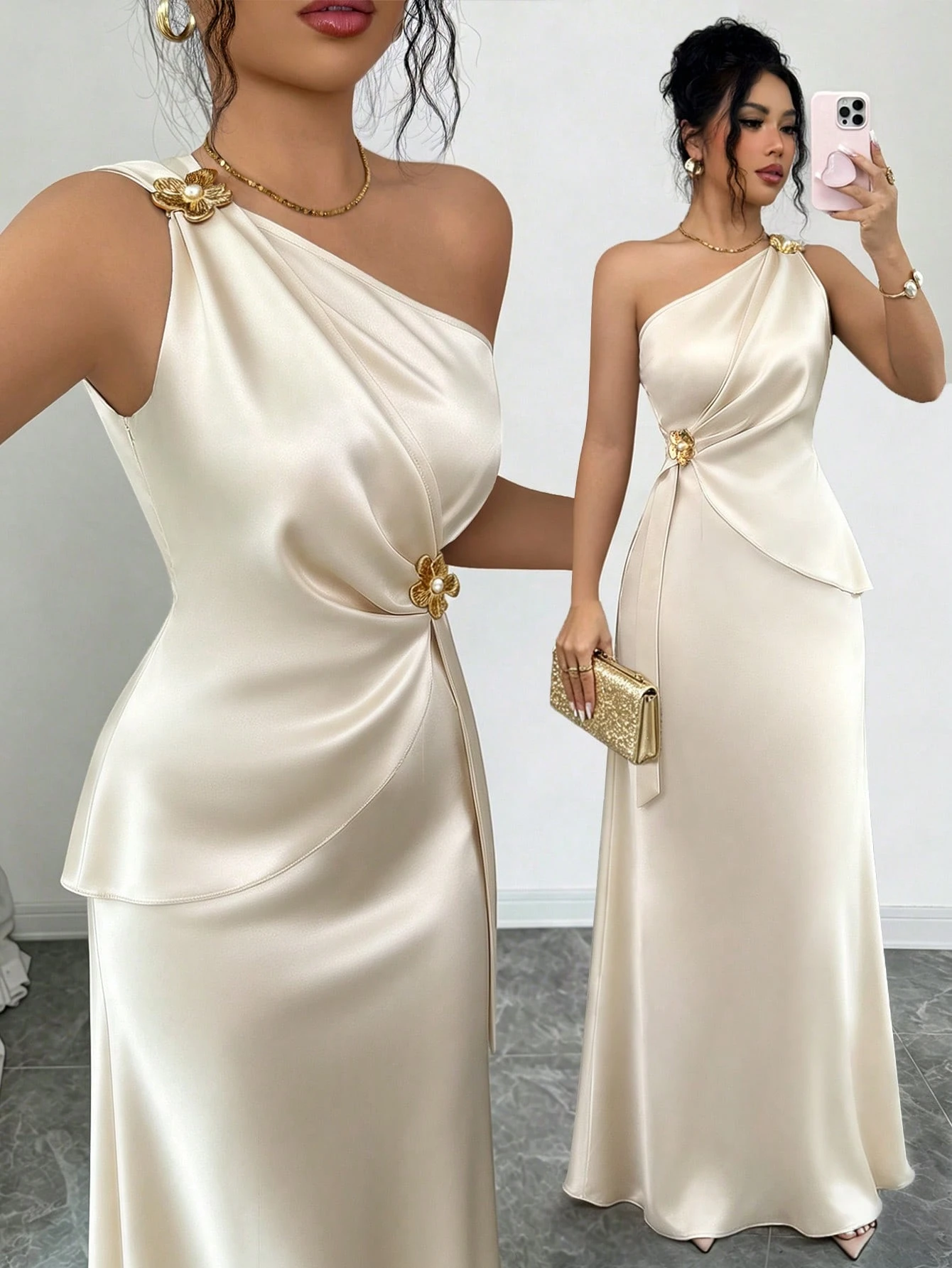 lenzga Robe moulante élégante pour femme, printemps/été, en satin, à épaule asymétrique, avec décor floral métallique, taille cintrée, champagne, pour dîner, soirée formelle, rendez-vous et mariage