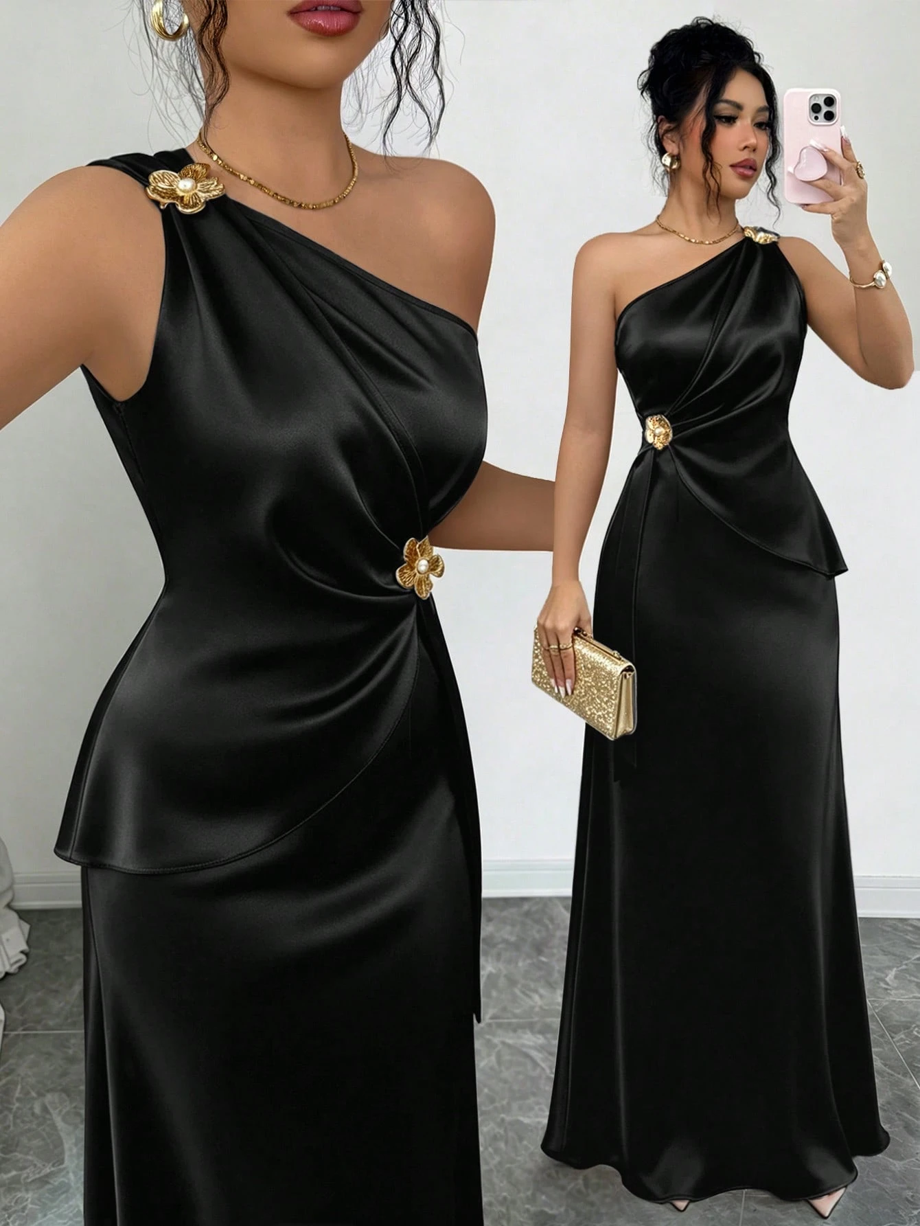 lenzga Robe moulante élégante pour femme, printemps/été, en satin, à épaule asymétrique, avec décor floral métallique, taille cintrée, champagne, pour dîner, soirée formelle, rendez-vous et mariage — vue 4