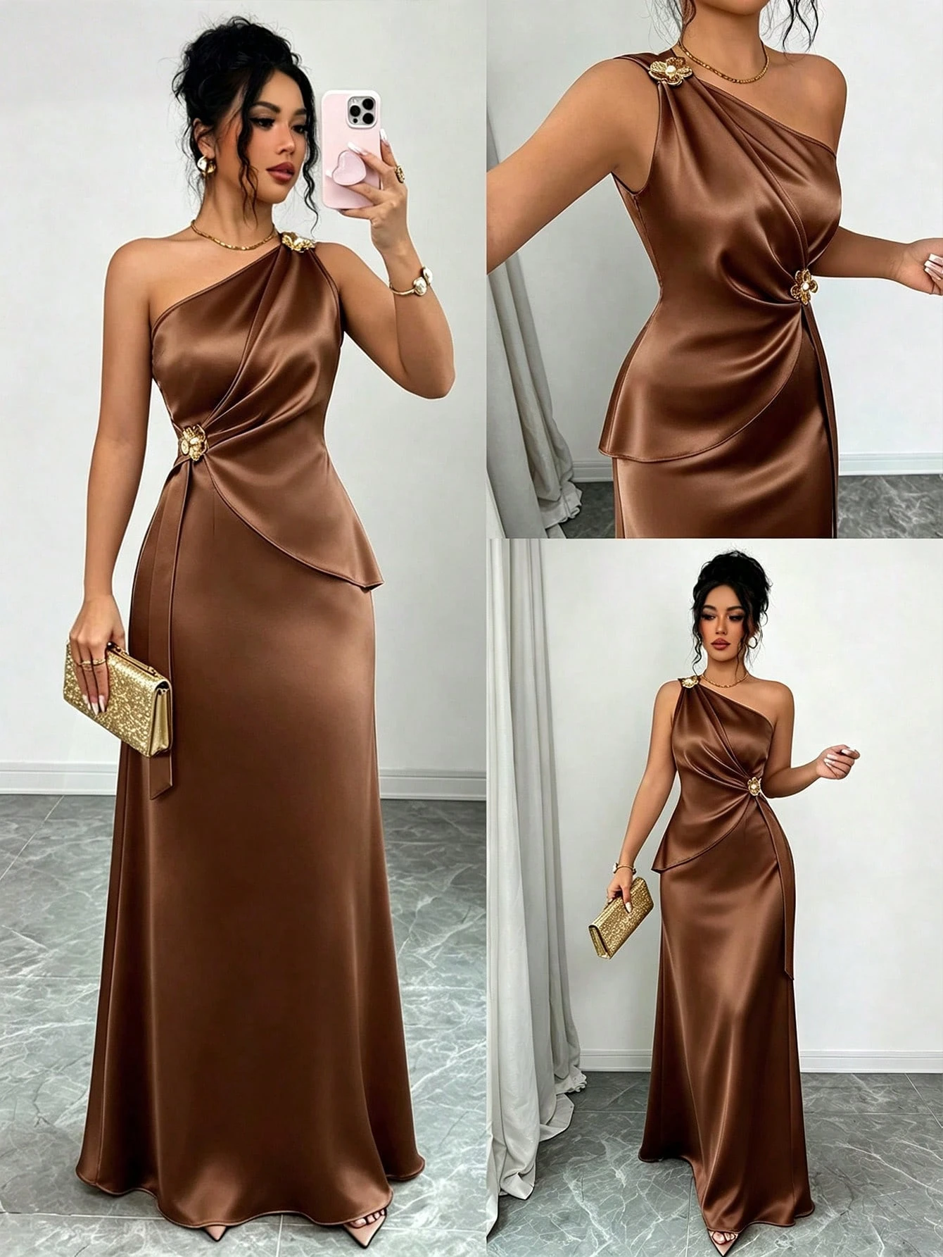 lenzga Robe moulante élégante pour femme, printemps/été, en satin, à épaule asymétrique, avec décor floral métallique, taille cintrée, champagne, pour dîner, soirée formelle, rendez-vous et mariage — vue 8