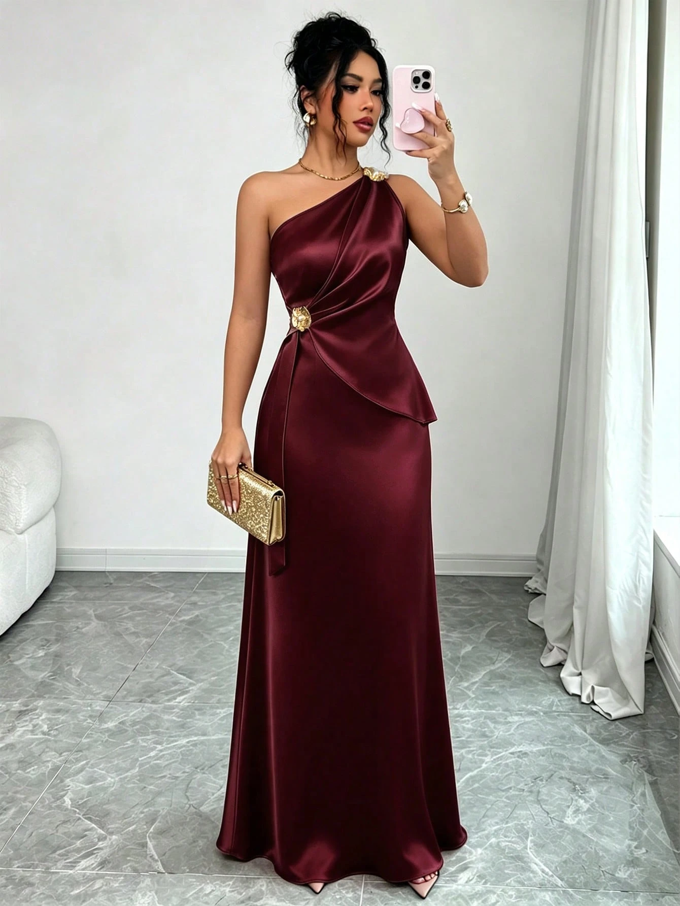 lenzga Robe moulante élégante pour femme, printemps/été, en satin, à épaule asymétrique, avec décor floral métallique, taille cintrée, champagne, pour dîner, soirée formelle, rendez-vous et mariage — vue 10