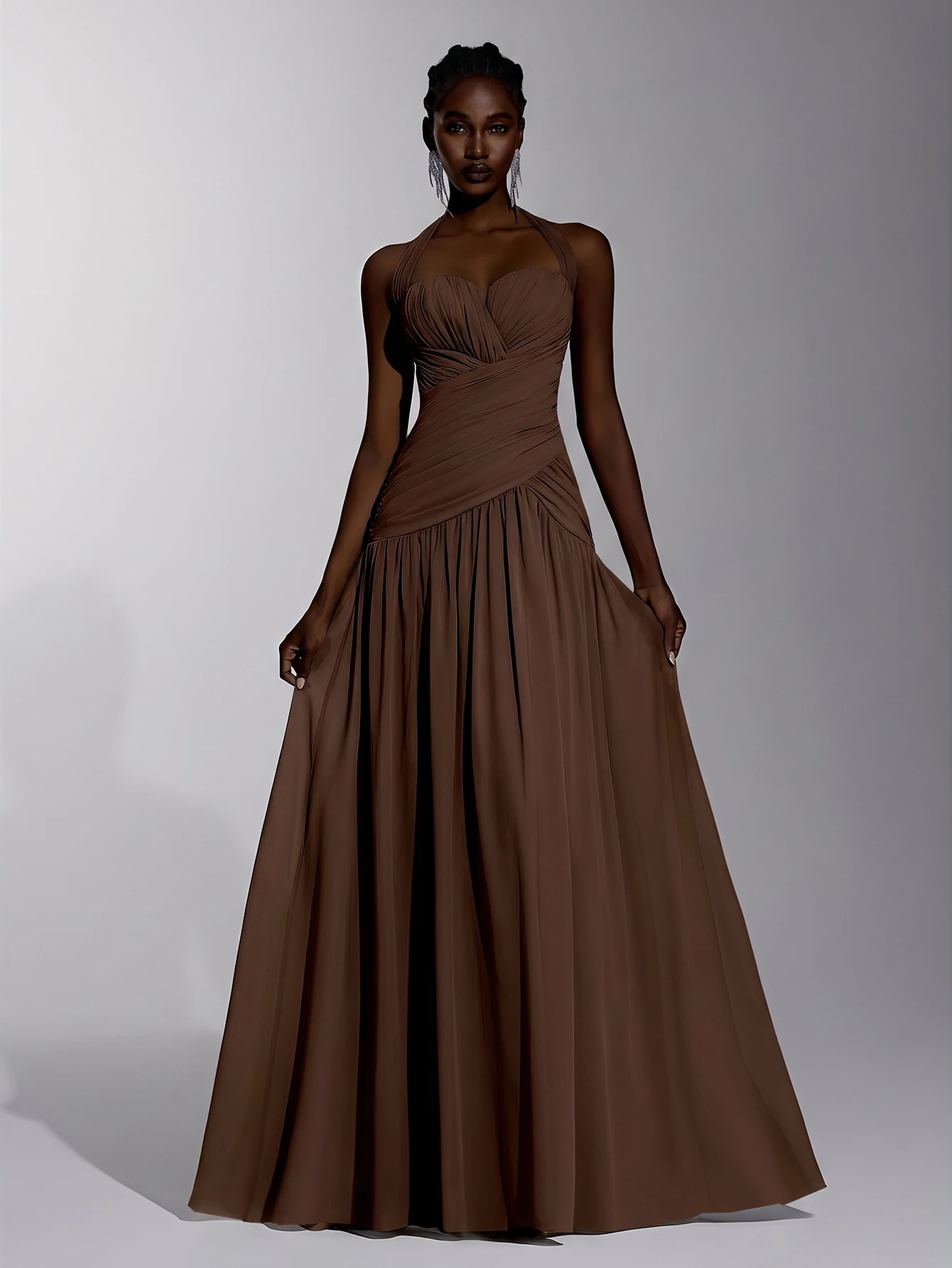 Elitara Robe longue élégante et classique en mousseline avec col ras-du-cou en forme de cœur,