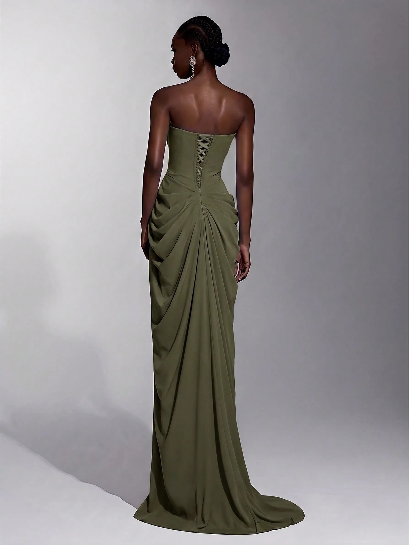 Elitara Robe sirène élégante, luxueuse et sexy en satin sans bretelles, froncée, avec fente et nœud — vue 2