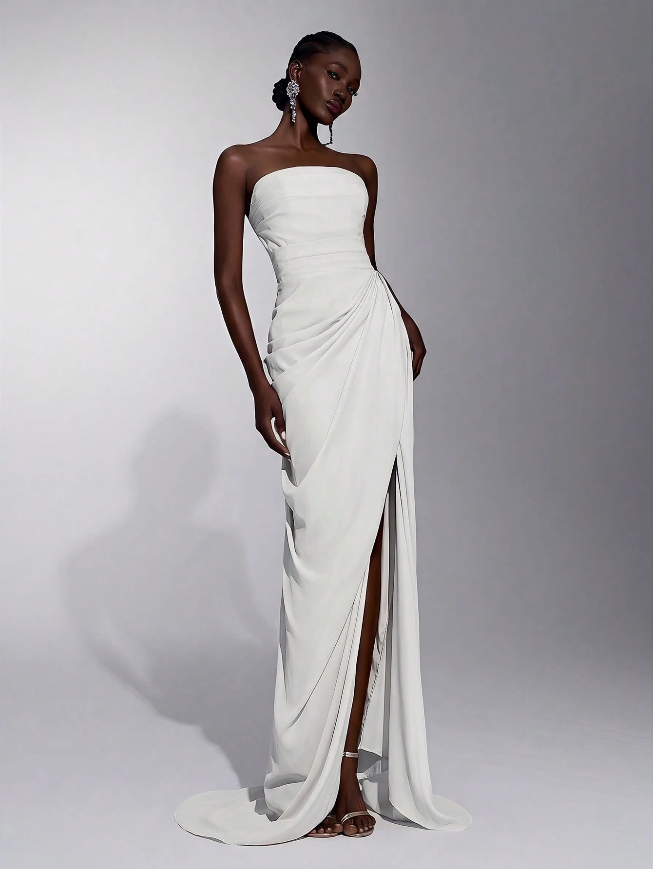 Elitara Robe sirène élégante, luxueuse et sexy en satin sans bretelles, froncée, avec fente et nœud — vue 5