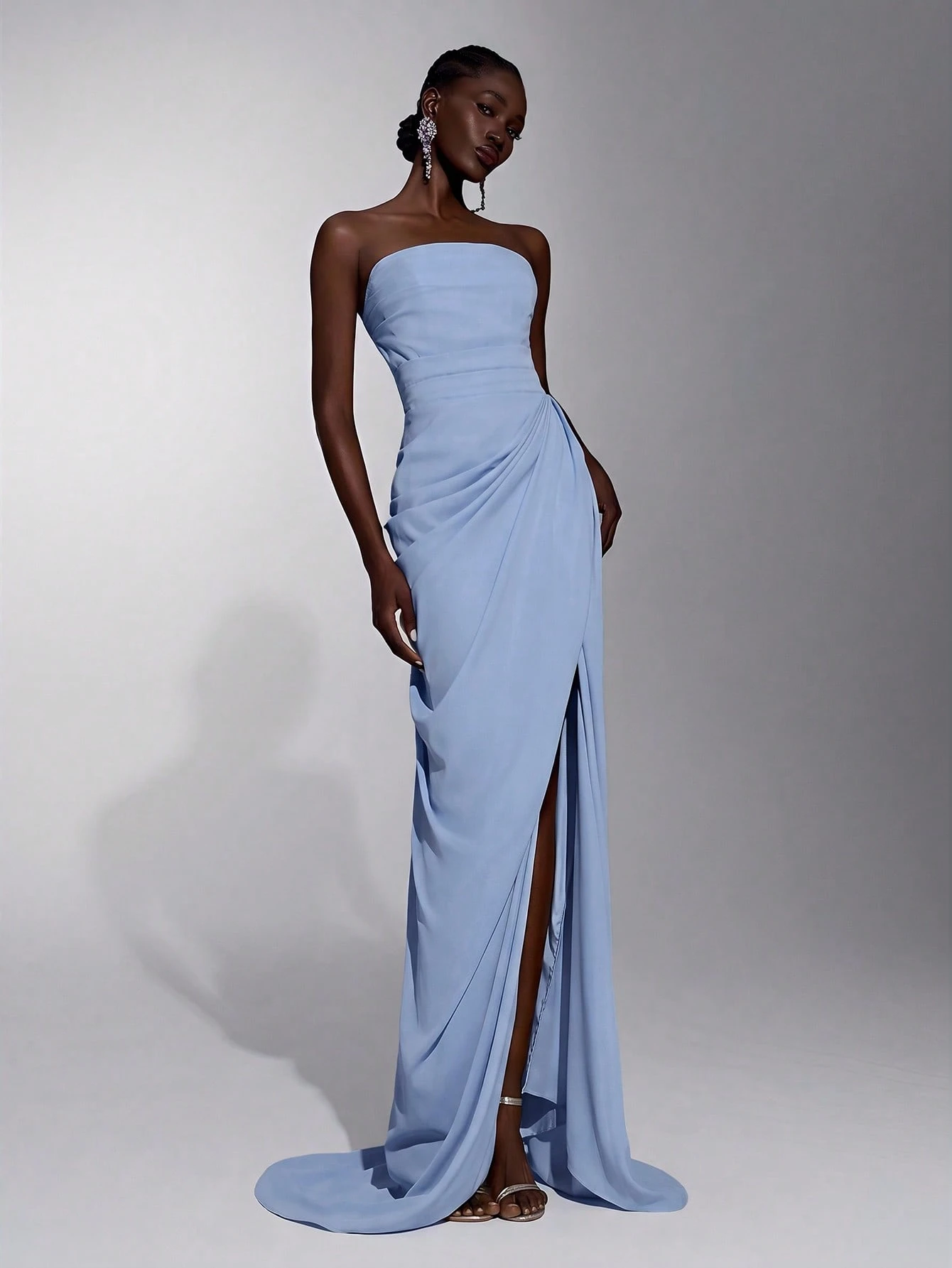 Elitara Robe sirène élégante, luxueuse et sexy en satin sans bretelles, froncée, avec fente et nœud — vue 7