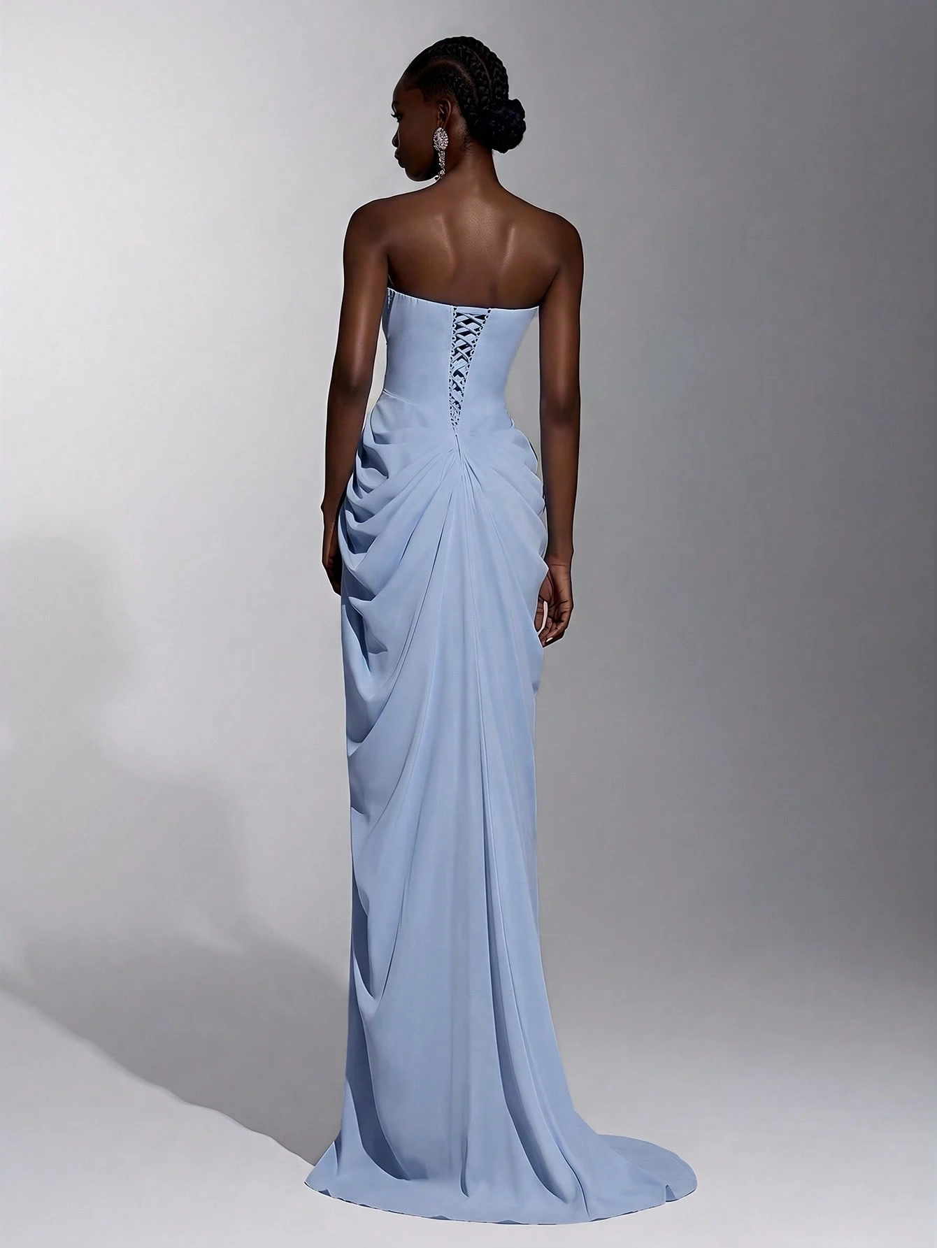 Elitara Robe sirène élégante, luxueuse et sexy en satin sans bretelles, froncée, avec fente et nœud — vue 8