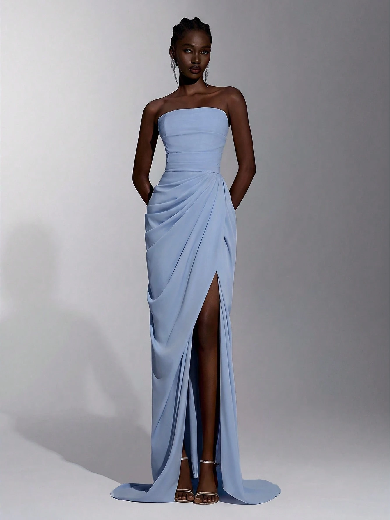 Elitara Robe sirène élégante, luxueuse et sexy en satin sans bretelles, froncée, avec fente et nœud — vue 9