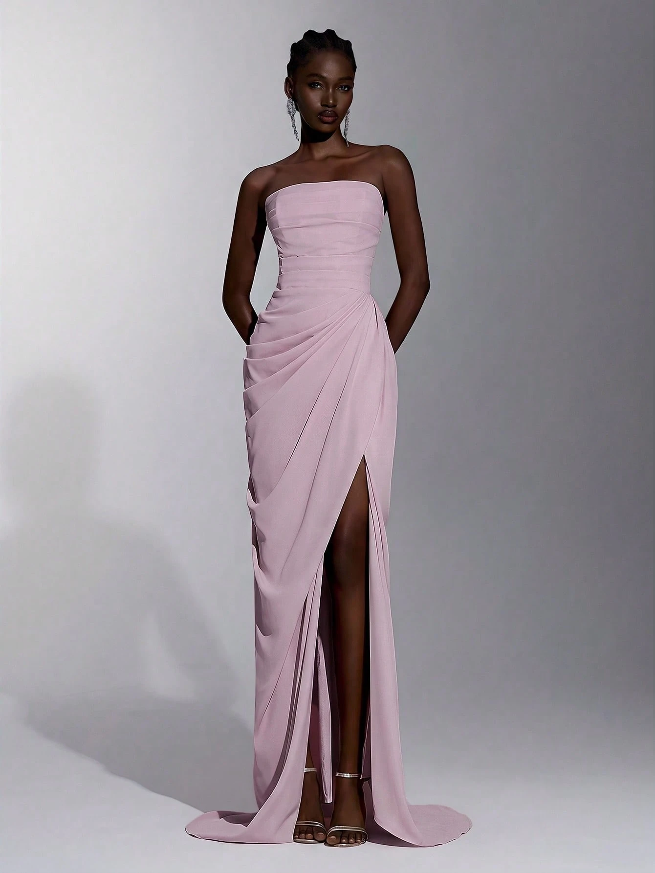 Elitara Robe sirène élégante, luxueuse et sexy en satin sans bretelles, froncée, avec fente et nœud — vue 13