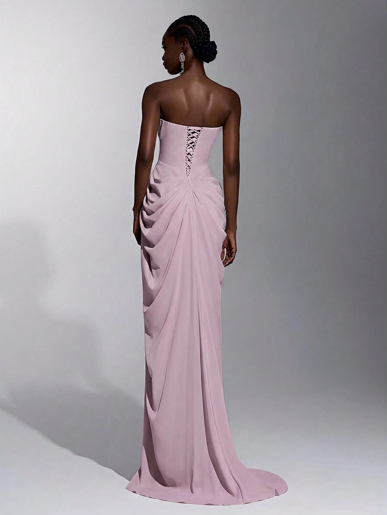 Elitara Robe sirène élégante, luxueuse et sexy en satin sans bretelles, froncée, avec fente et nœud — vue 14