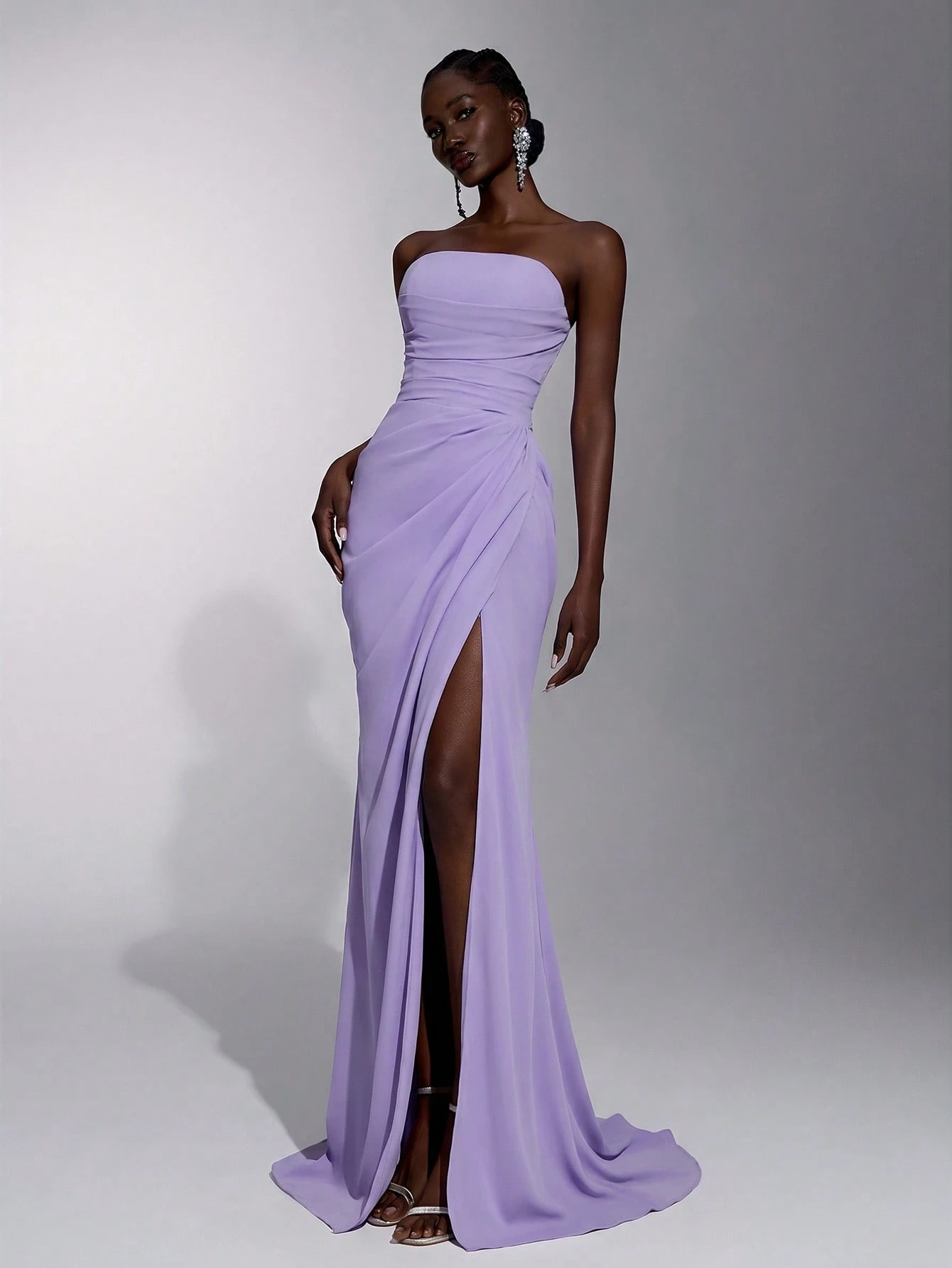 Elitara Robe sirène élégante, luxueuse et sexy en satin sans bretelles, froncée, avec fente et nœud — vue 17