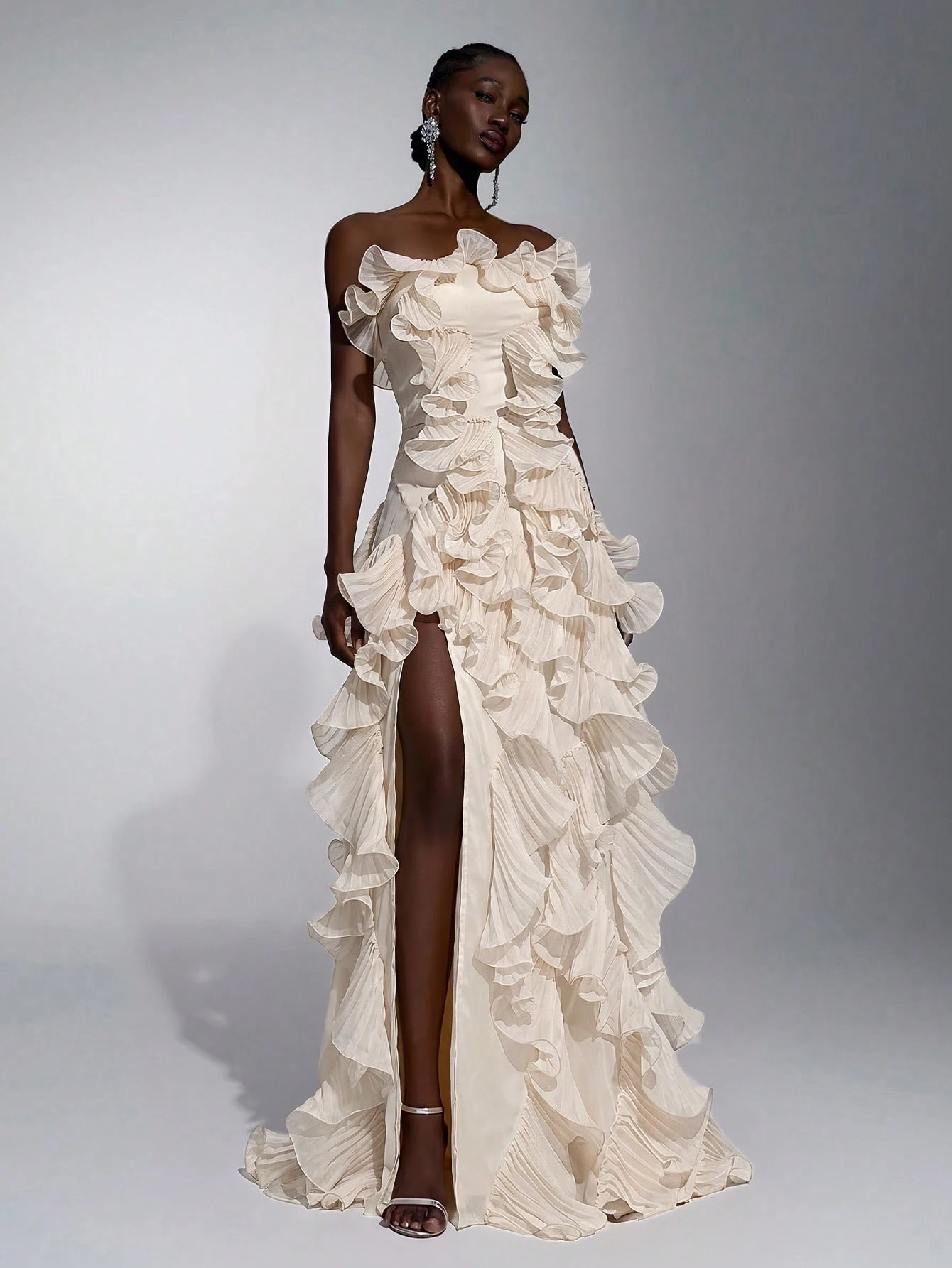 Elitara Robe de soirée sirène trapèze sans bretelles à fente avec nœud dans le dos, en organza plissé à
