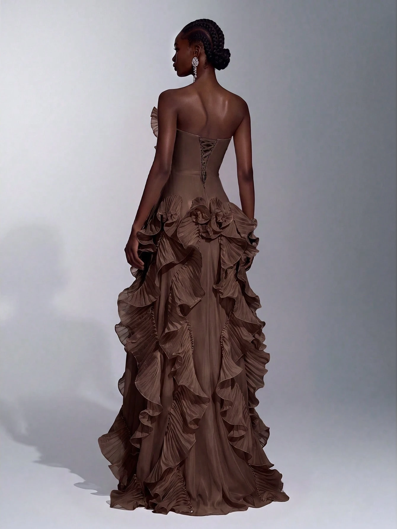 Elitara Robe de soirée sirène trapèze sans bretelles à fente avec nœud dans le dos, en organza plissé à — vue 8