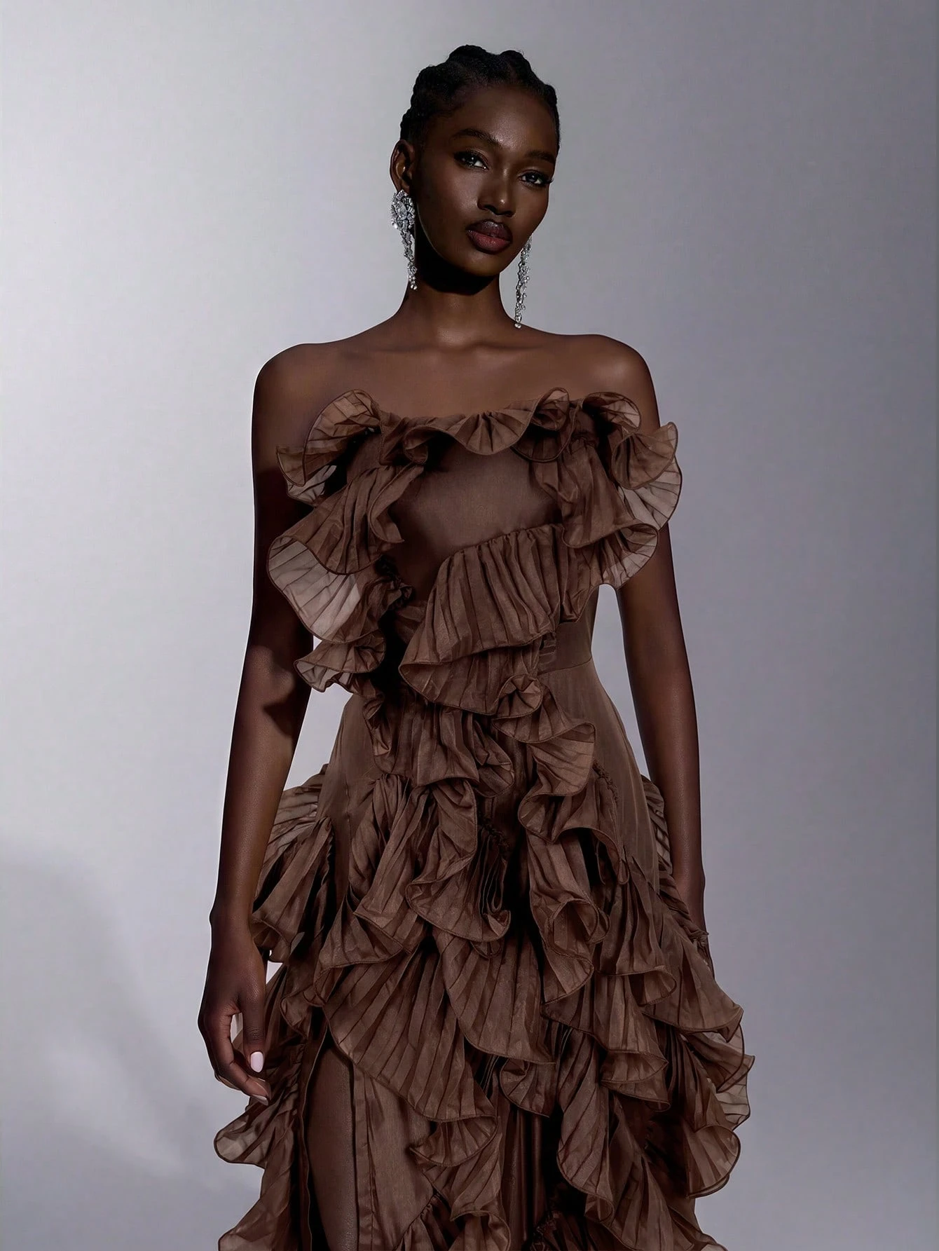 Elitara Robe de soirée sirène trapèze sans bretelles à fente avec nœud dans le dos, en organza plissé à — vue 9