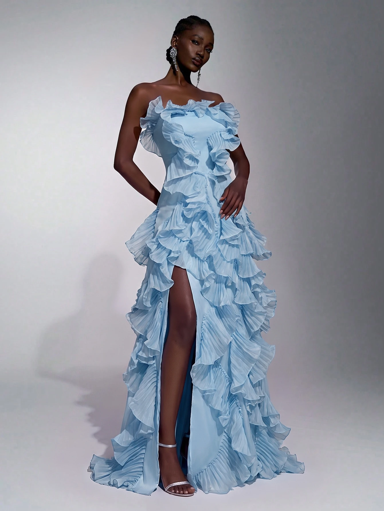 Elitara Robe de soirée sirène trapèze sans bretelles à fente avec nœud dans le dos, en organza plissé à — vue 10