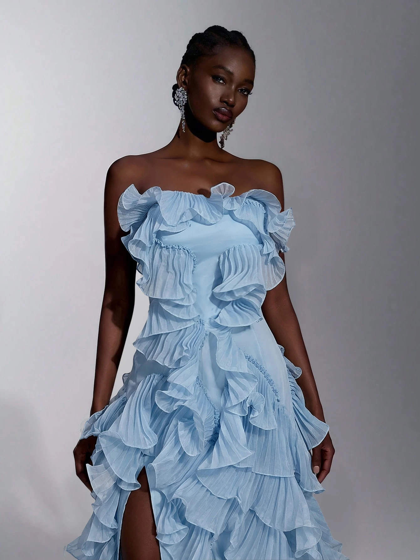 Elitara Robe de soirée sirène trapèze sans bretelles à fente avec nœud dans le dos, en organza plissé à — vue 11