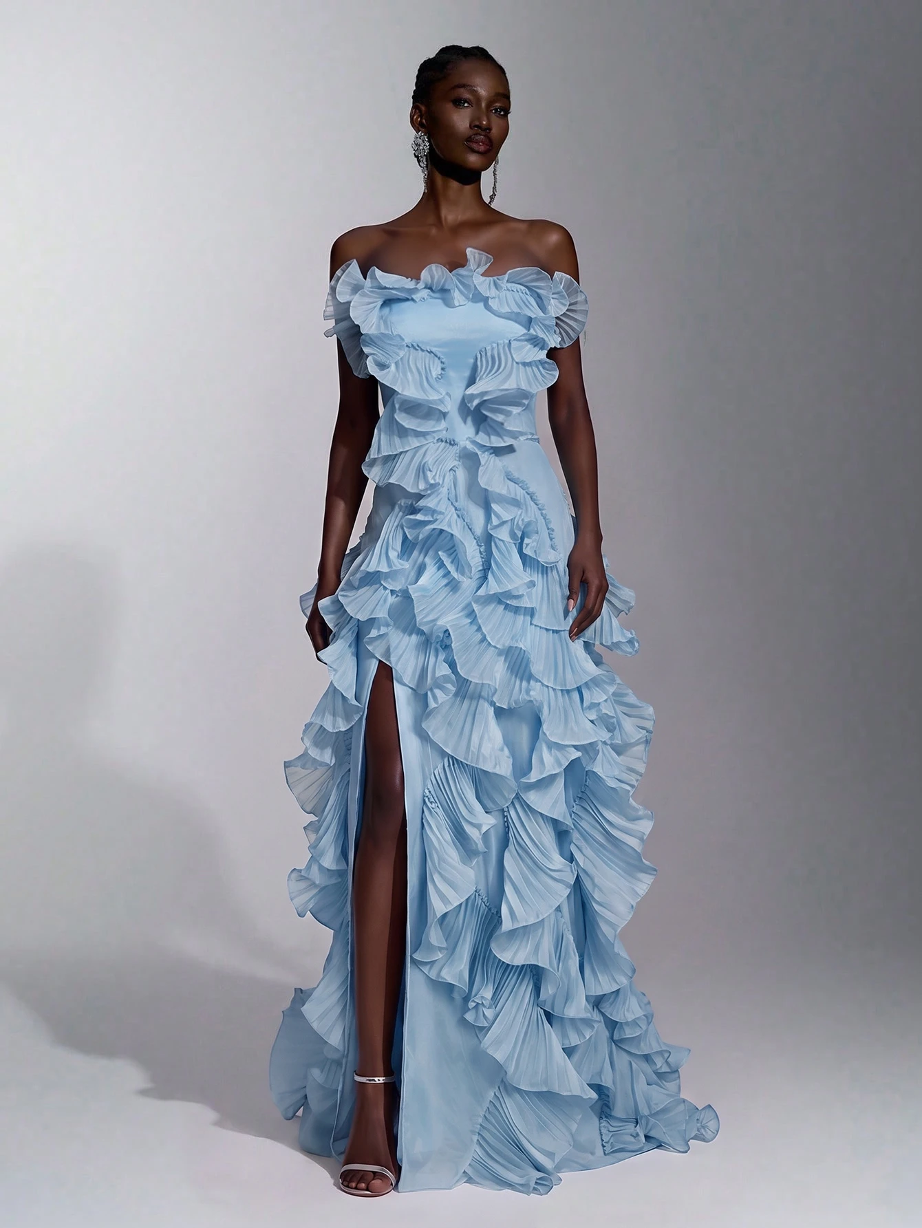 Elitara Robe de soirée sirène trapèze sans bretelles à fente avec nœud dans le dos, en organza plissé à — vue 12