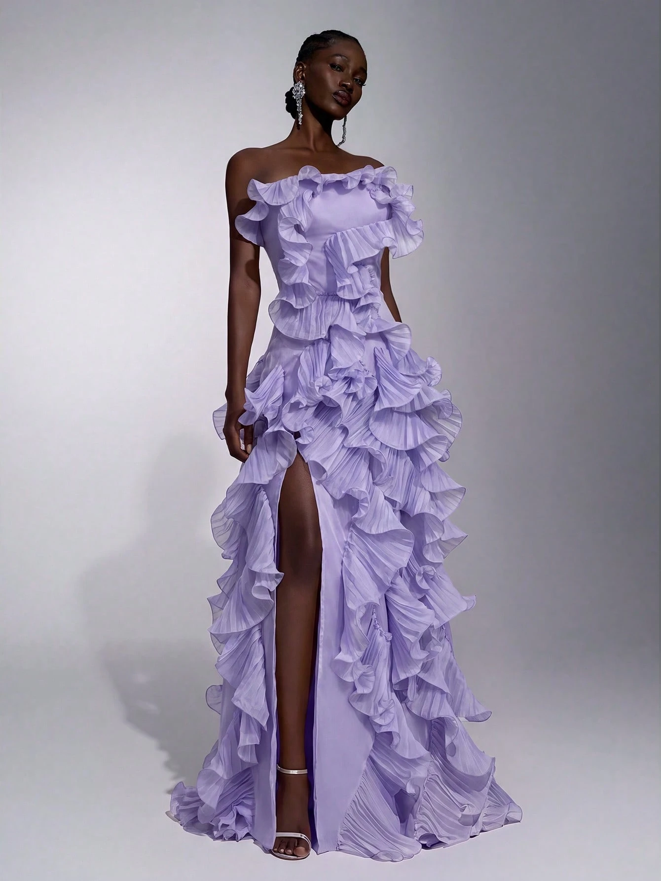 Elitara Robe de soirée sirène trapèze sans bretelles à fente avec nœud dans le dos, en organza plissé à — vue 13