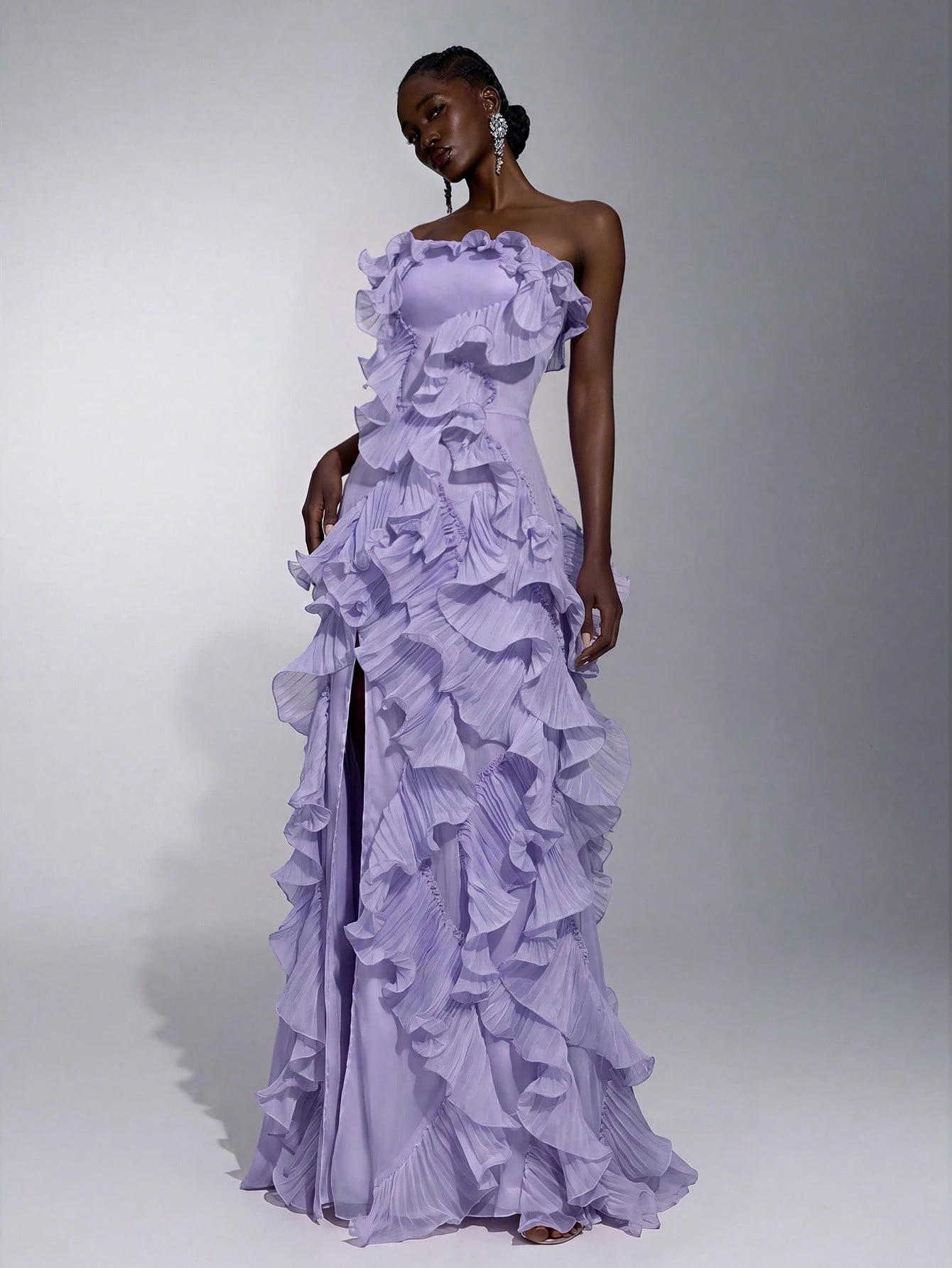 Elitara Robe de soirée sirène trapèze sans bretelles à fente avec nœud dans le dos, en organza plissé à — vue 15