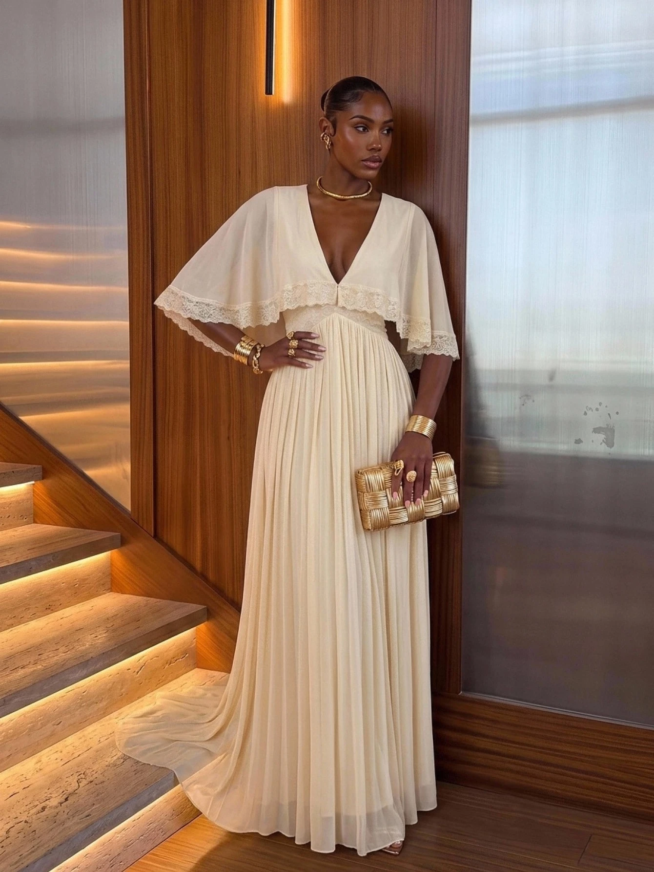 Lumalex Robe longue élégante pour femme, couleur unie avec dentelle contrastante — vue 4