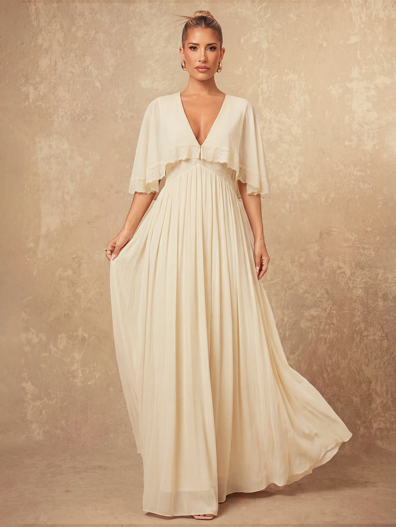 Lumalex Robe longue élégante pour femme, couleur unie avec dentelle contrastante — vue 5