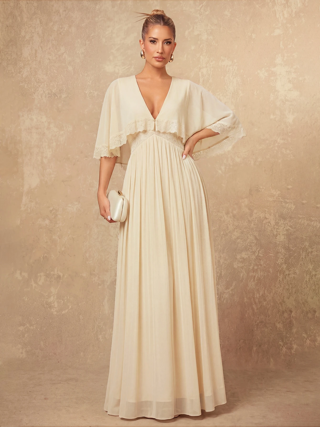 Lumalex Robe longue élégante pour femme, couleur unie avec dentelle contrastante — vue 6