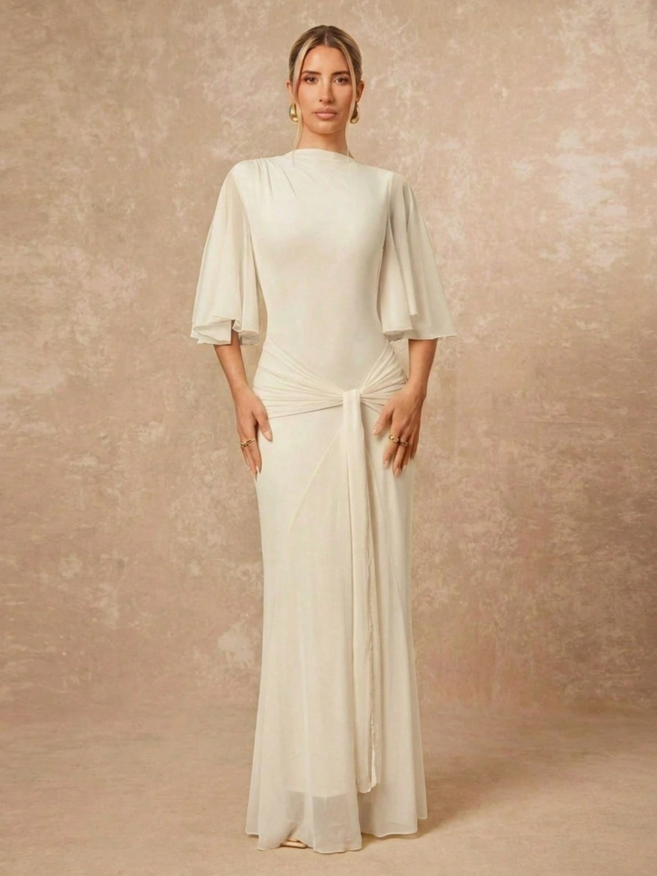 Lumalex Robe d'été à col bateau, douce et fluide, en maille multicouche, évasée, à manches longues, resserrée, froncée, avec ruban, robe longue pour femmes, polyvalente de la plage au gala, style discret