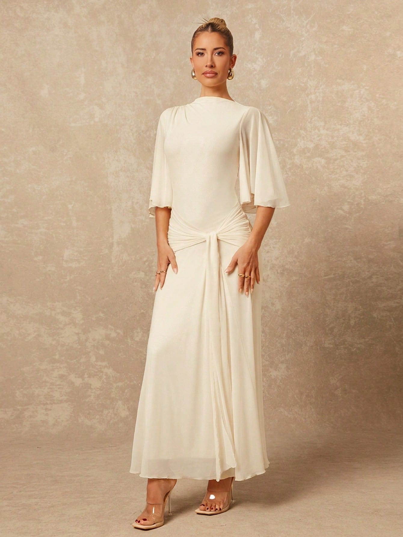 Lumalex Robe d'été à col bateau, douce et fluide, en maille multicouche, évasée, à manches longues, resserrée, froncée, avec ruban, robe longue pour femmes, polyvalente de la plage au gala, style discret — vue 2