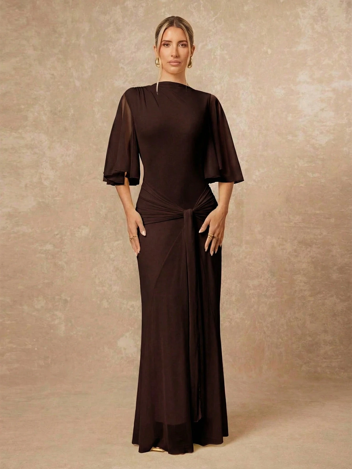 Lumalex Robe d'été à col bateau, douce et fluide, en maille multicouche, évasée, à manches longues, resserrée, froncée, avec ruban, robe longue pour femmes, polyvalente de la plage au gala, style discret — vue 3