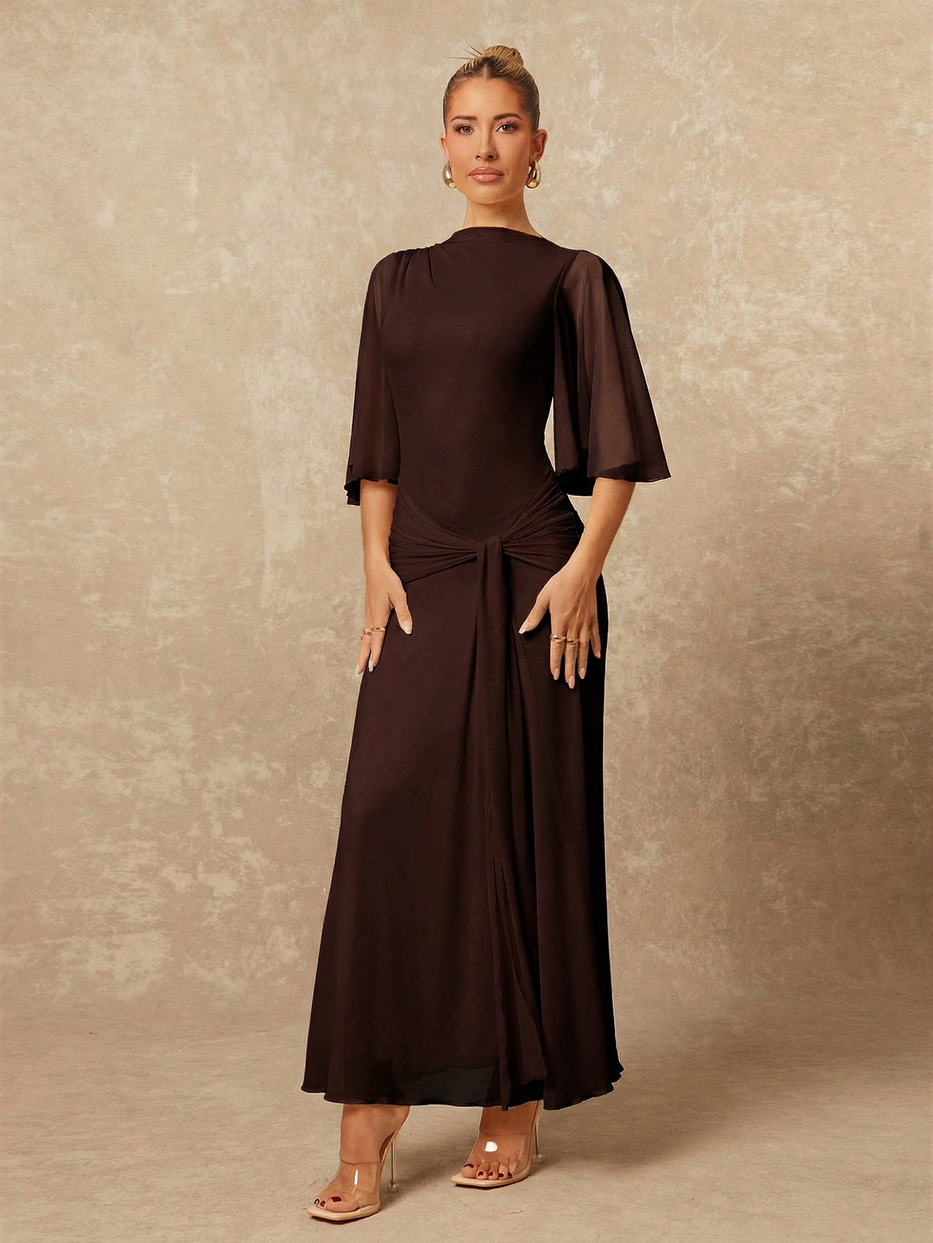 Lumalex Robe d'été à col bateau, douce et fluide, en maille multicouche, évasée, à manches longues, resserrée, froncée, avec ruban, robe longue pour femmes, polyvalente de la plage au gala, style discret — vue 4