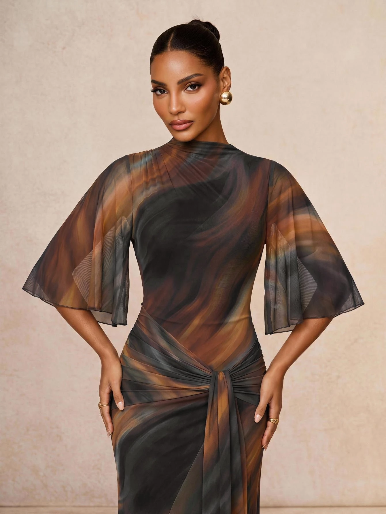 Lumalex Robe d'été à col bateau, douce et fluide, en maille multicouche, évasée, à manches longues, resserrée, froncée, avec ruban, robe longue pour femmes, polyvalente de la plage au gala, style discret — vue 7