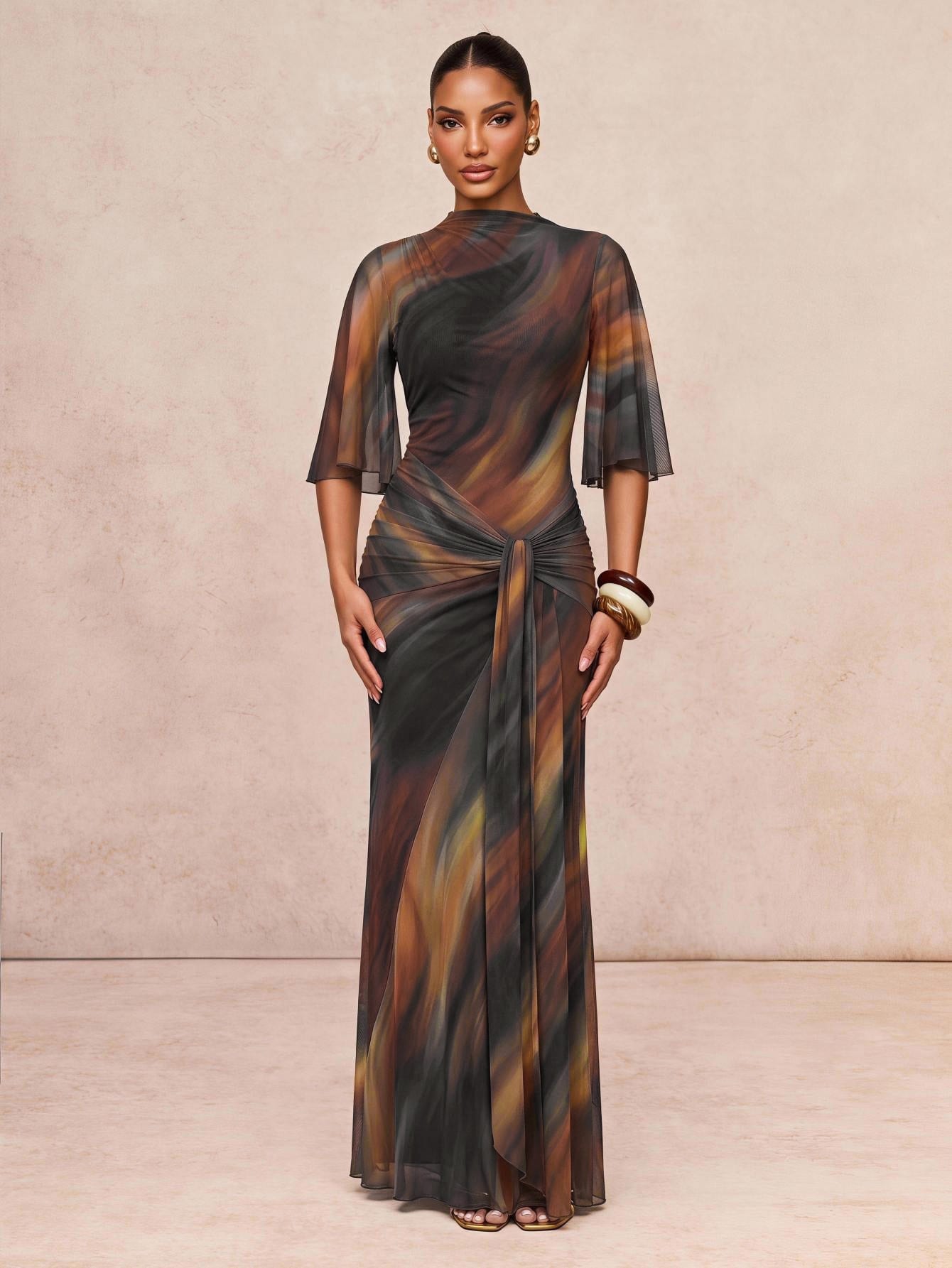 Lumalex Robe d'été à col bateau, douce et fluide, en maille multicouche, évasée, à manches longues, resserrée, froncée, avec ruban, robe longue pour femmes, polyvalente de la plage au gala, style discret — vue 8