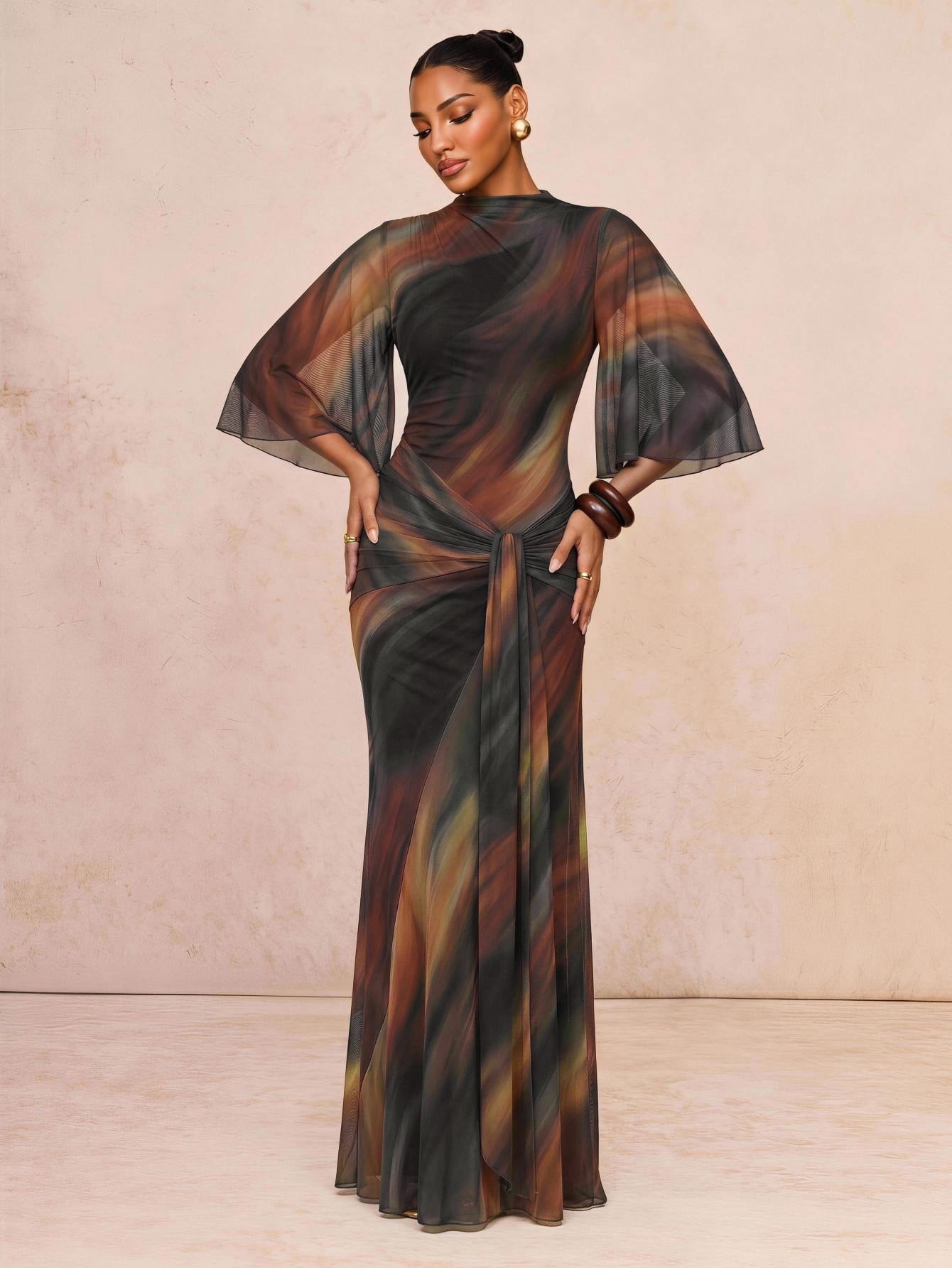 Lumalex Robe d'été à col bateau, douce et fluide, en maille multicouche, évasée, à manches longues, resserrée, froncée, avec ruban, robe longue pour femmes, polyvalente de la plage au gala, style discret — vue 9