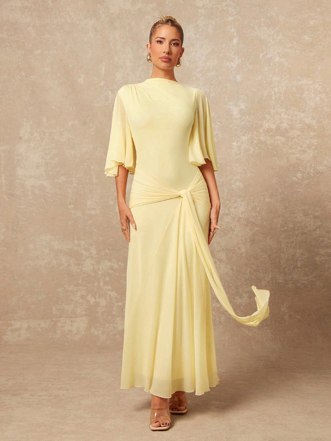 Lumalex Robe d'été à col bateau, douce et fluide, en maille multicouche, évasée, à manches longues, resserrée, froncée, avec ruban, robe longue pour femmes, polyvalente de la plage au gala, style discret — vue 12