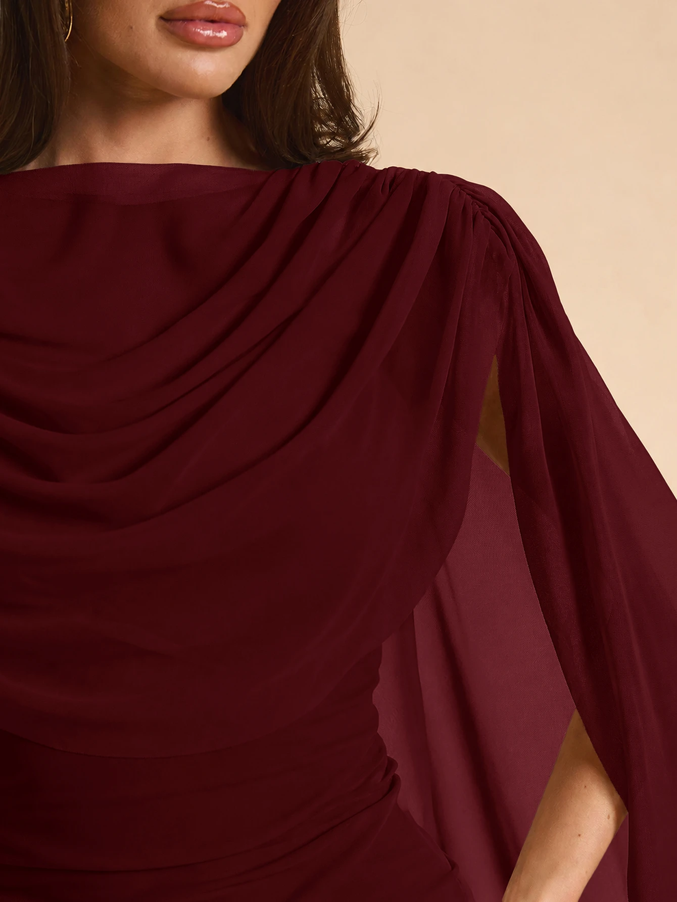 SHEIN BAE Robe mini moulante à col drapé et manches cape, couleur abricot clair unicolore — vue 6