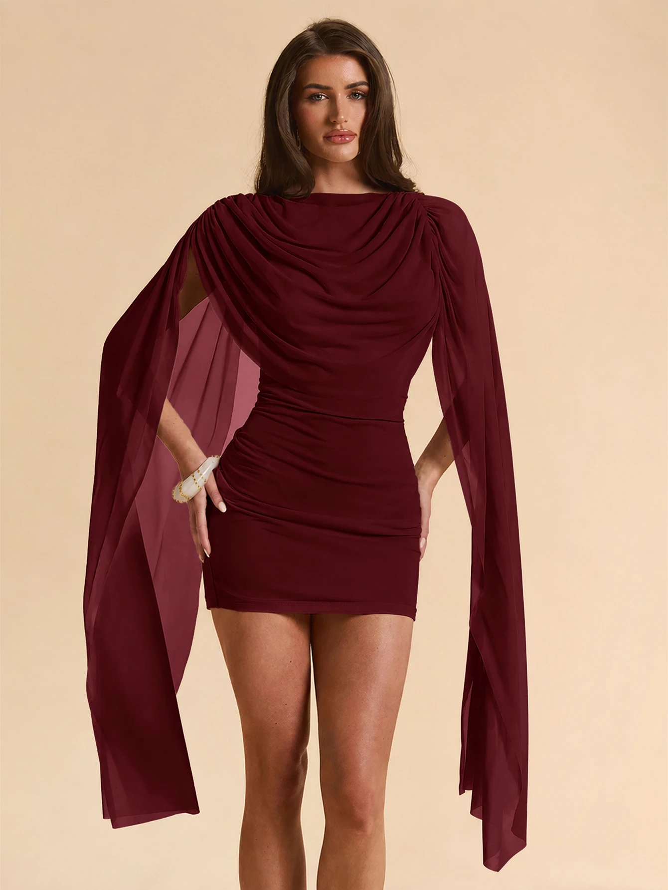 SHEIN BAE Robe mini moulante à col drapé et manches cape, couleur abricot clair unicolore — vue 7