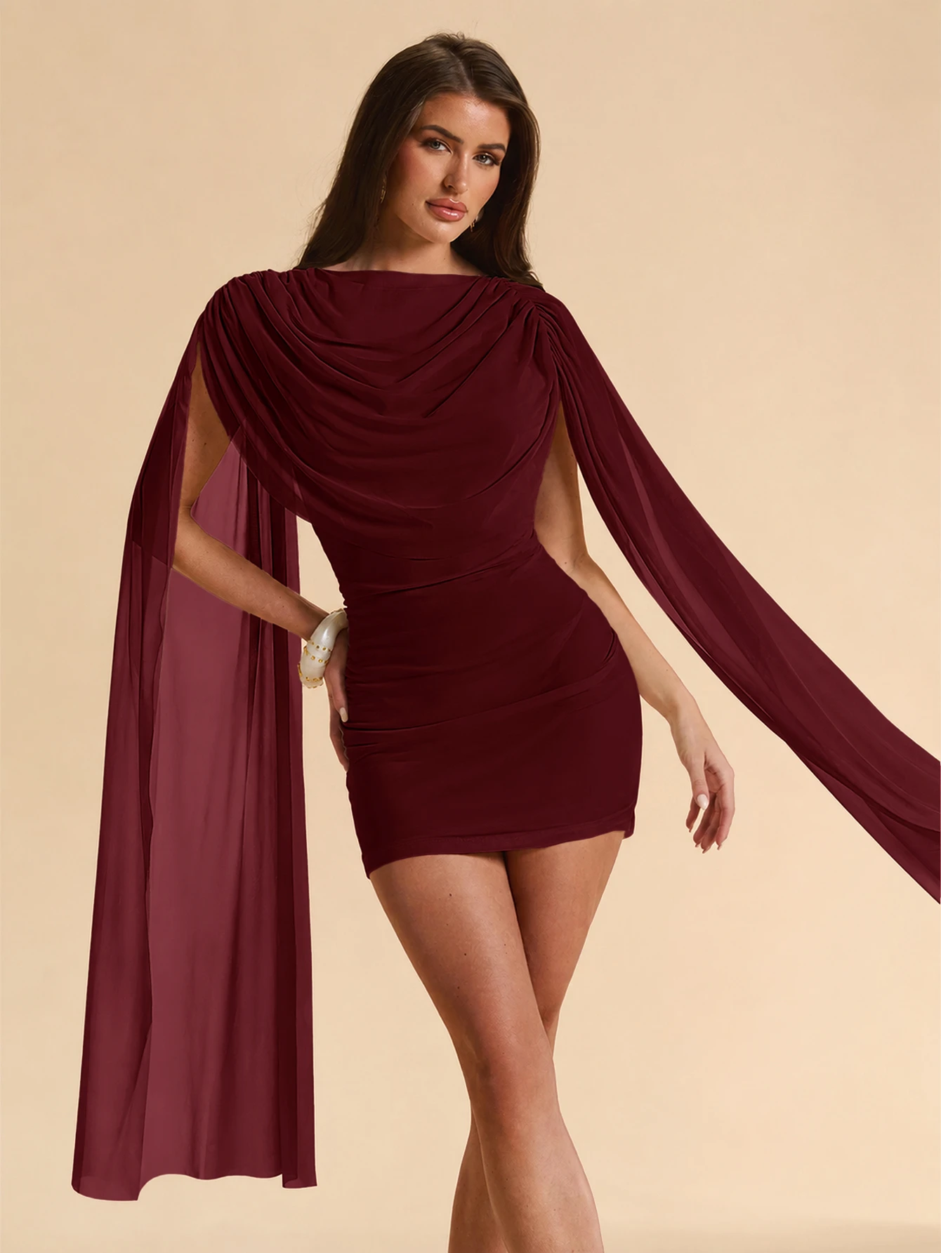 SHEIN BAE Robe mini moulante à col drapé et manches cape, couleur abricot clair unicolore — vue 8