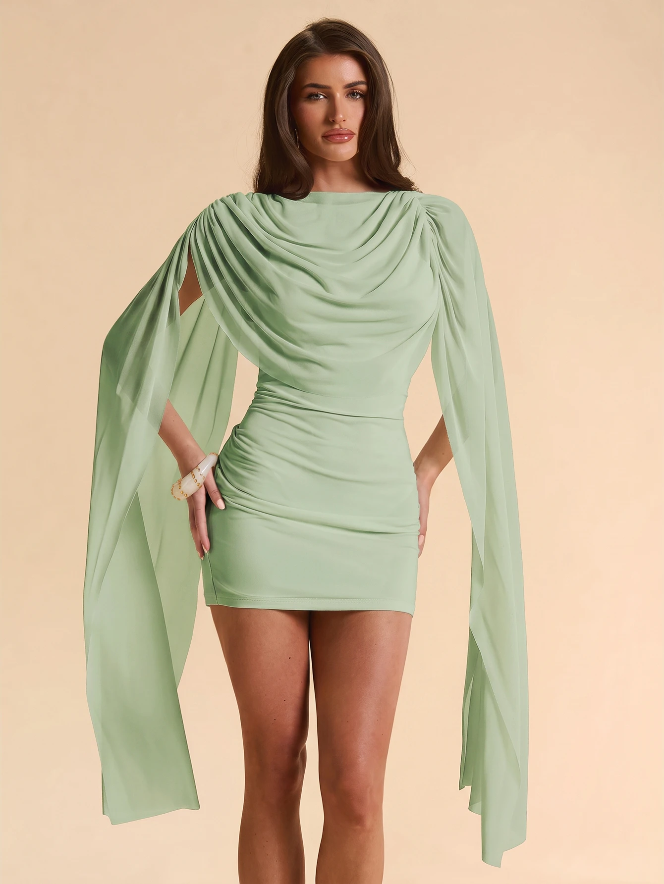 SHEIN BAE Robe mini moulante à col drapé et manches cape, couleur abricot clair unicolore — vue 10