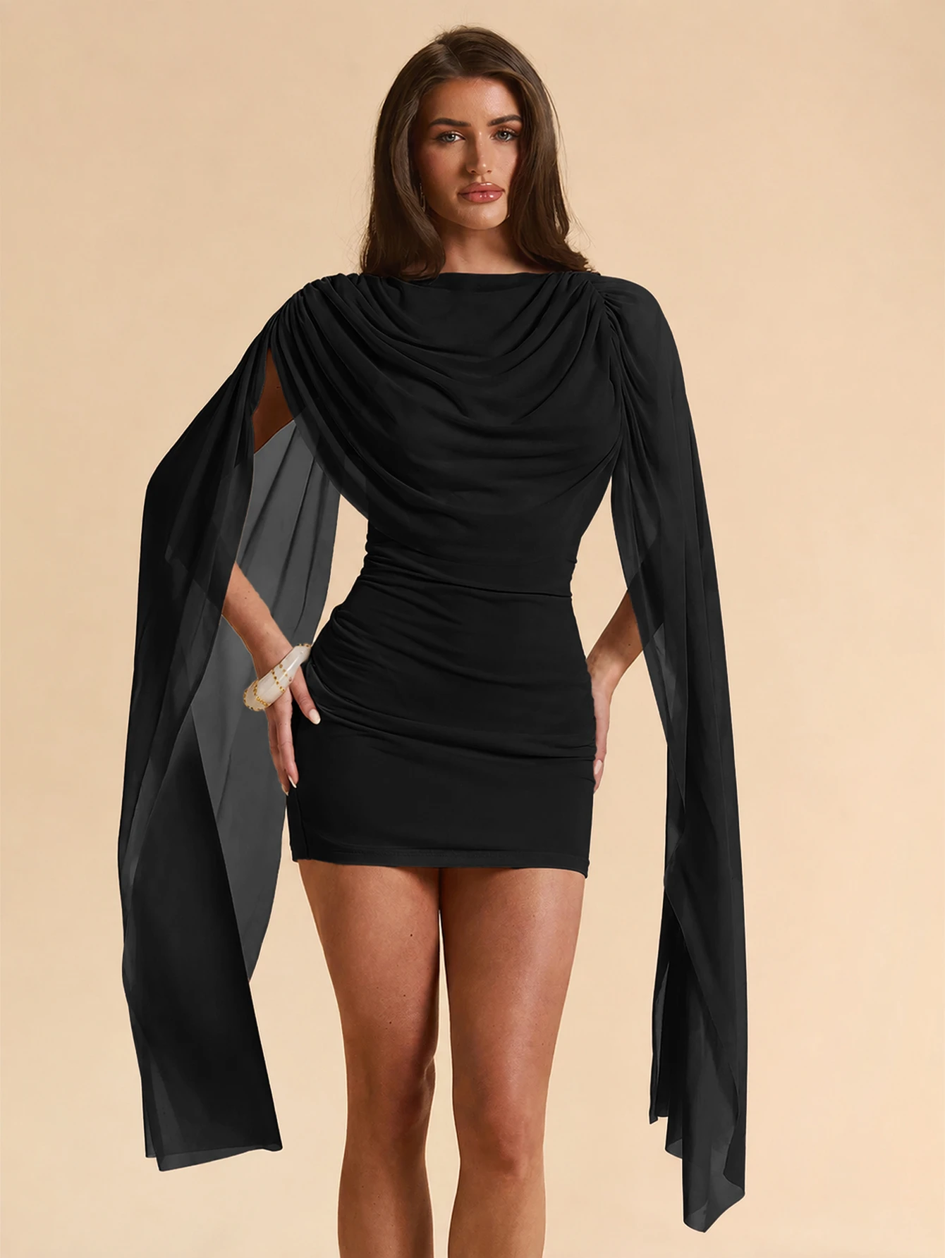 SHEIN BAE Robe mini moulante à col drapé et manches cape, couleur abricot clair unicolore — vue 13