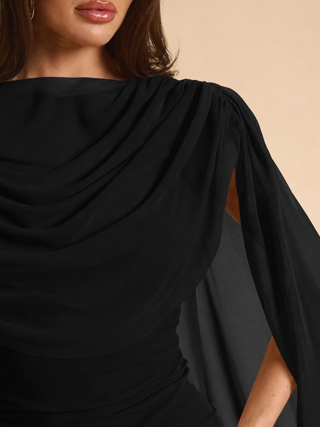 SHEIN BAE Robe mini moulante à col drapé et manches cape, couleur abricot clair unicolore — vue 14