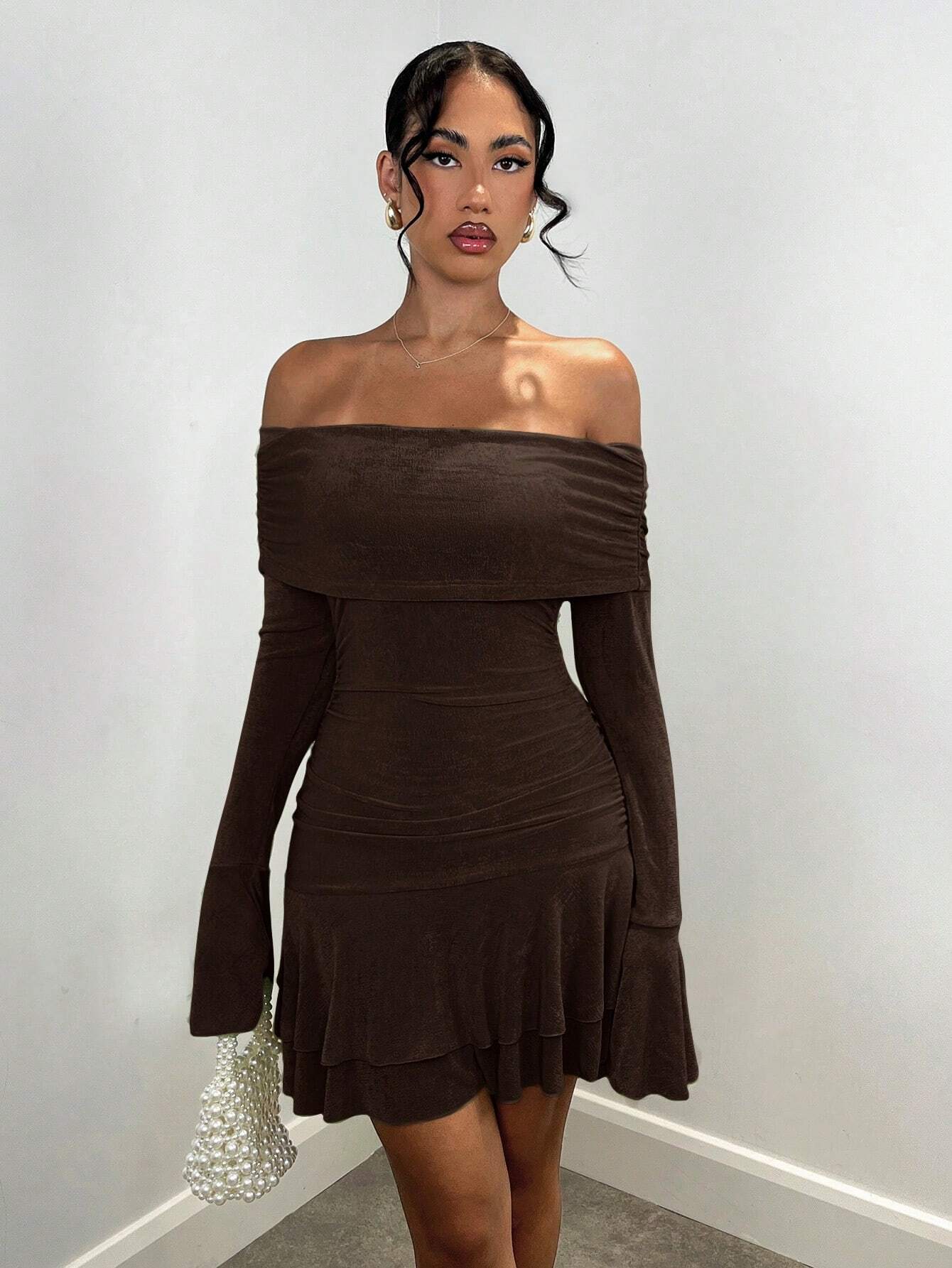 SHEIN BAE Robe femme aux épaules dégagées avec manches évasées, volant — vue 4