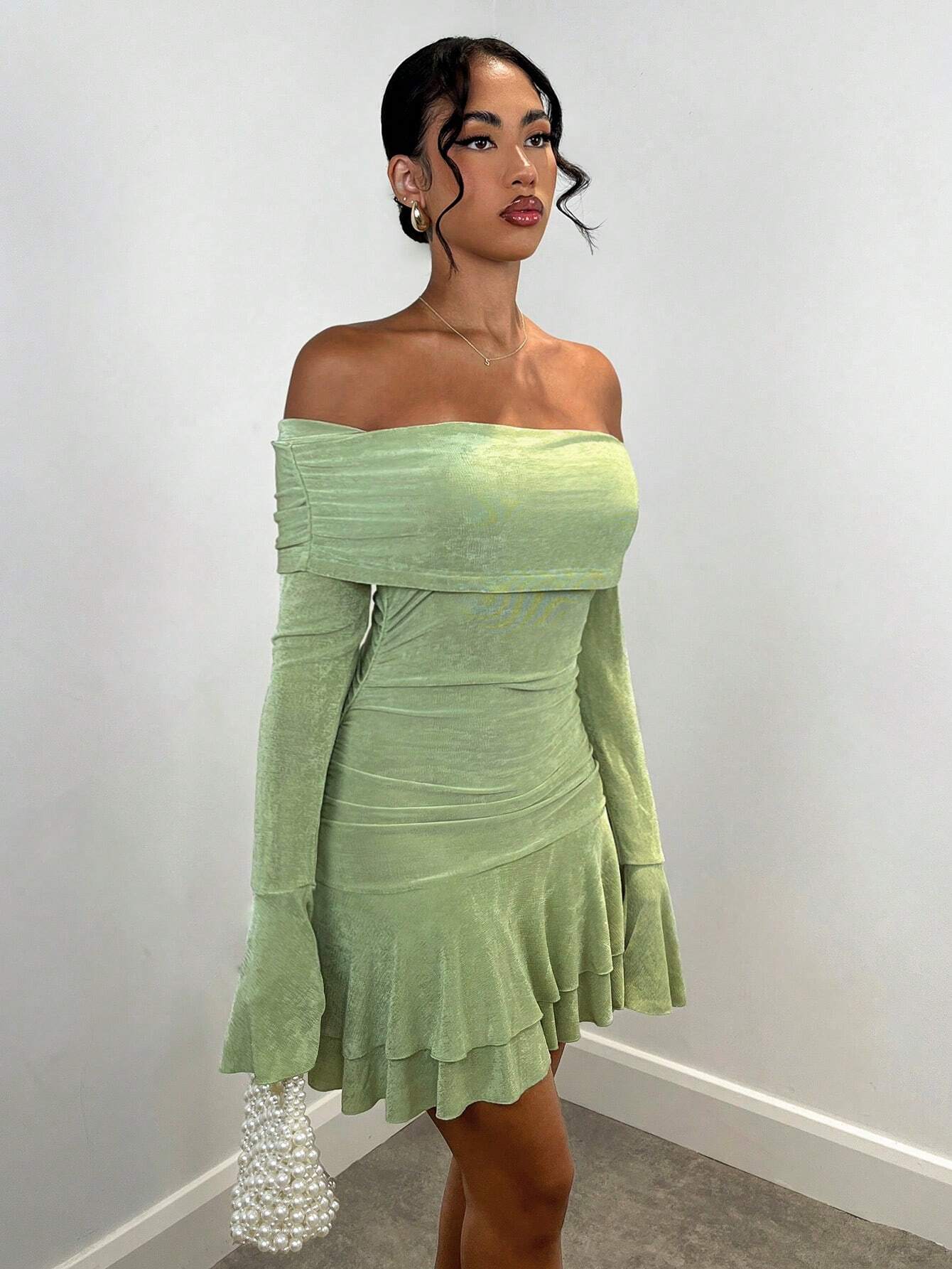 SHEIN BAE Robe femme aux épaules dégagées avec manches évasées, volant — vue 5
