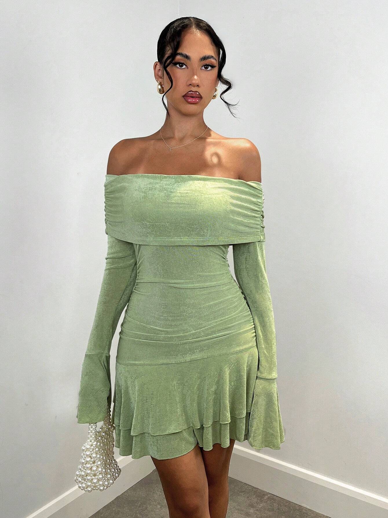 SHEIN BAE Robe femme aux épaules dégagées avec manches évasées, volant — vue 6