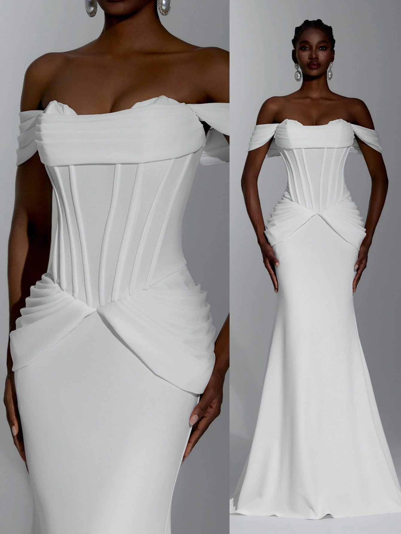 Robe longue sirène blanc épaules dénudées