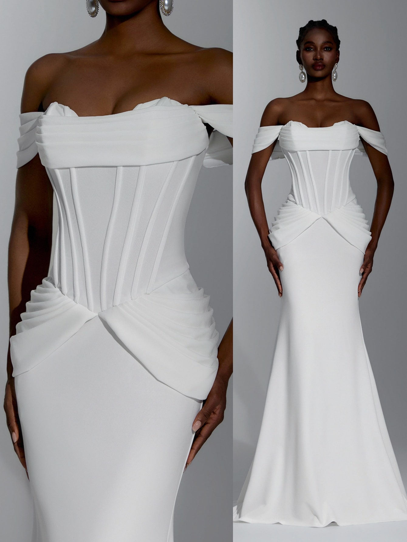 Robe longue sirène blanc épaules dénudées — vue 9