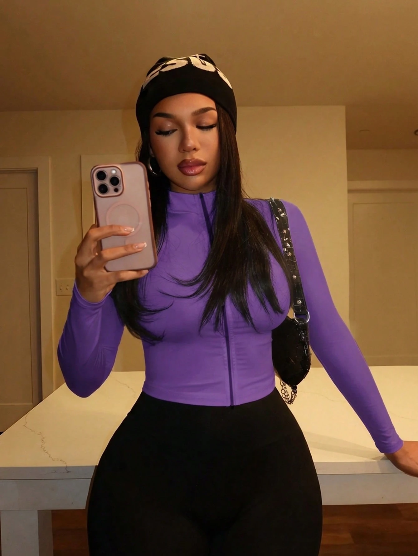 Veste ajustée col montant zippée manches longues violet — vue 3