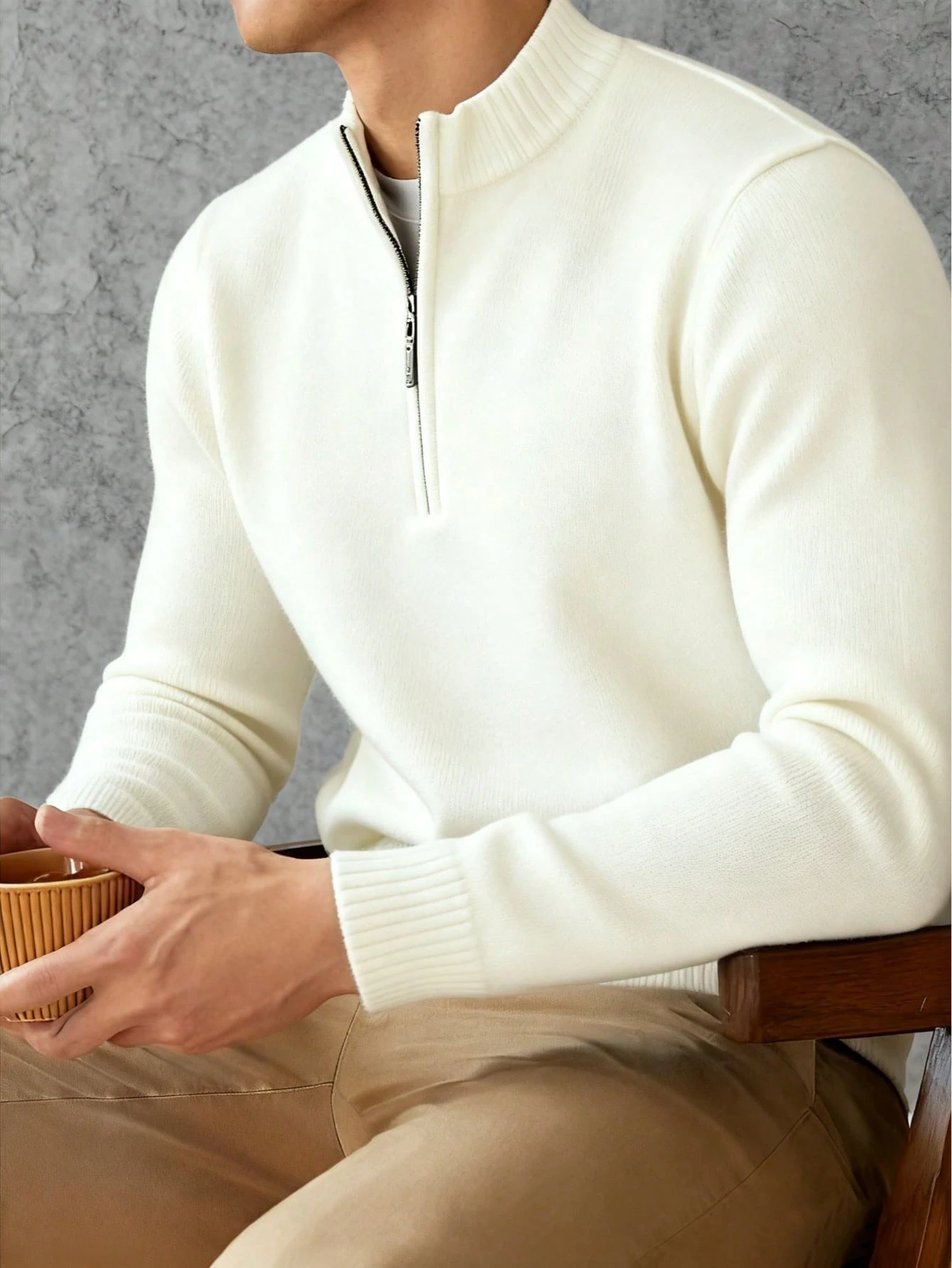 Pull classique à col montant zippé à manches longues en maille fine pour hommes, — vue 6
