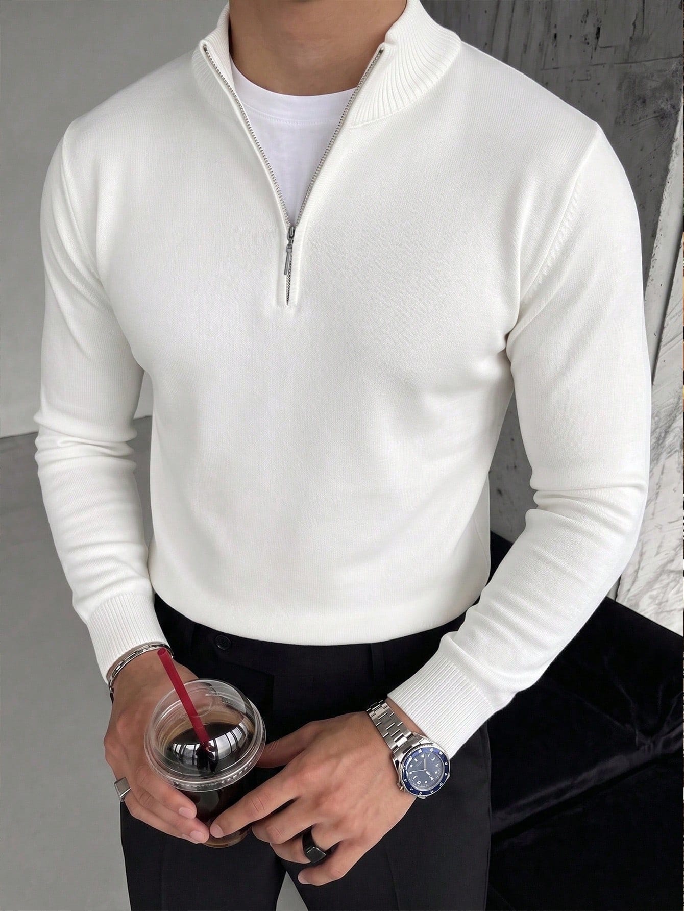 Pull classique à col montant zippé à manches longues en maille fine pour hommes,